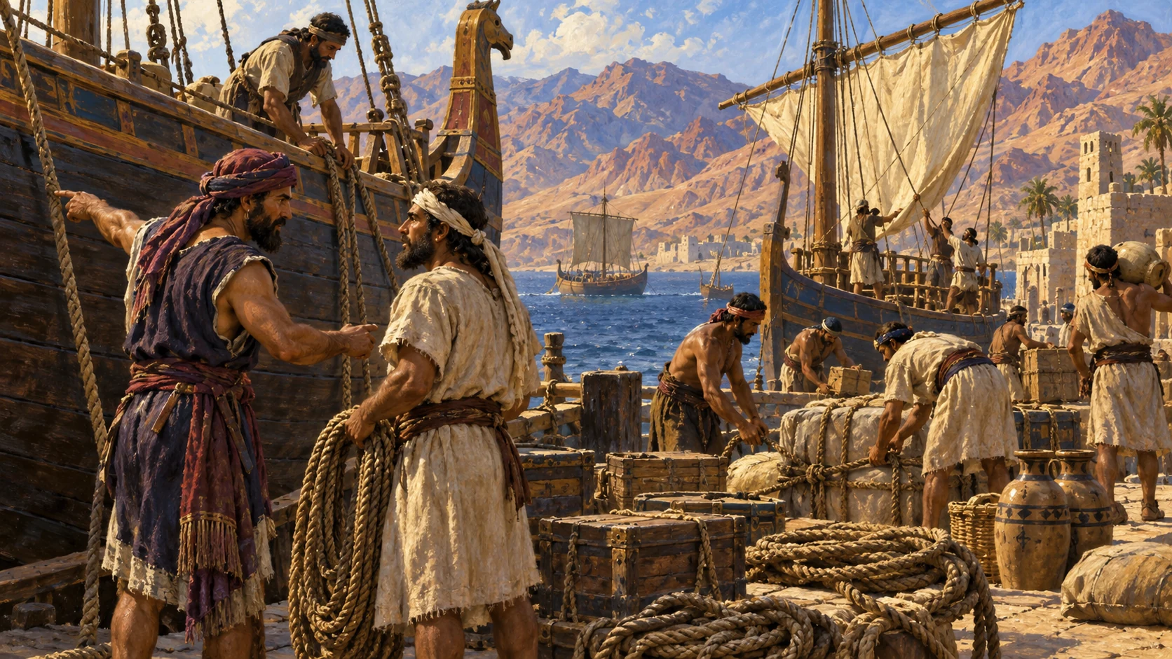 Ancient wooden merchant ships on Red Sea coast, Tyrian sailors alongside Solomon servants.