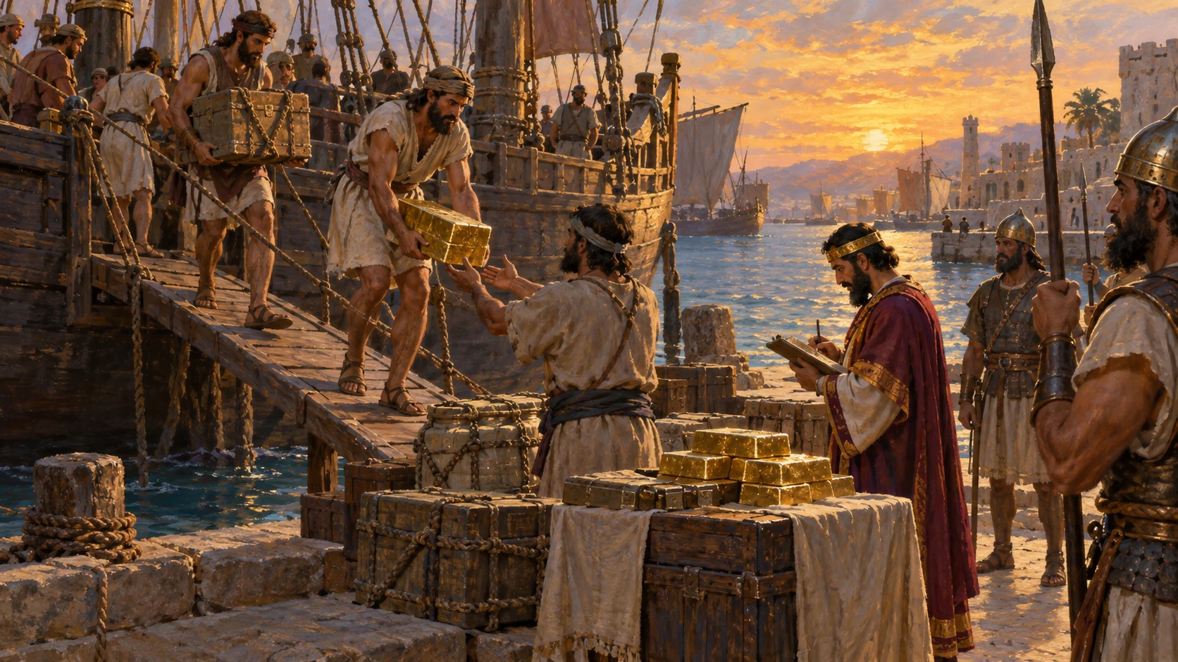 Returning sailors unload secured gold cargo; source does not specify Ophir location, avoid map.