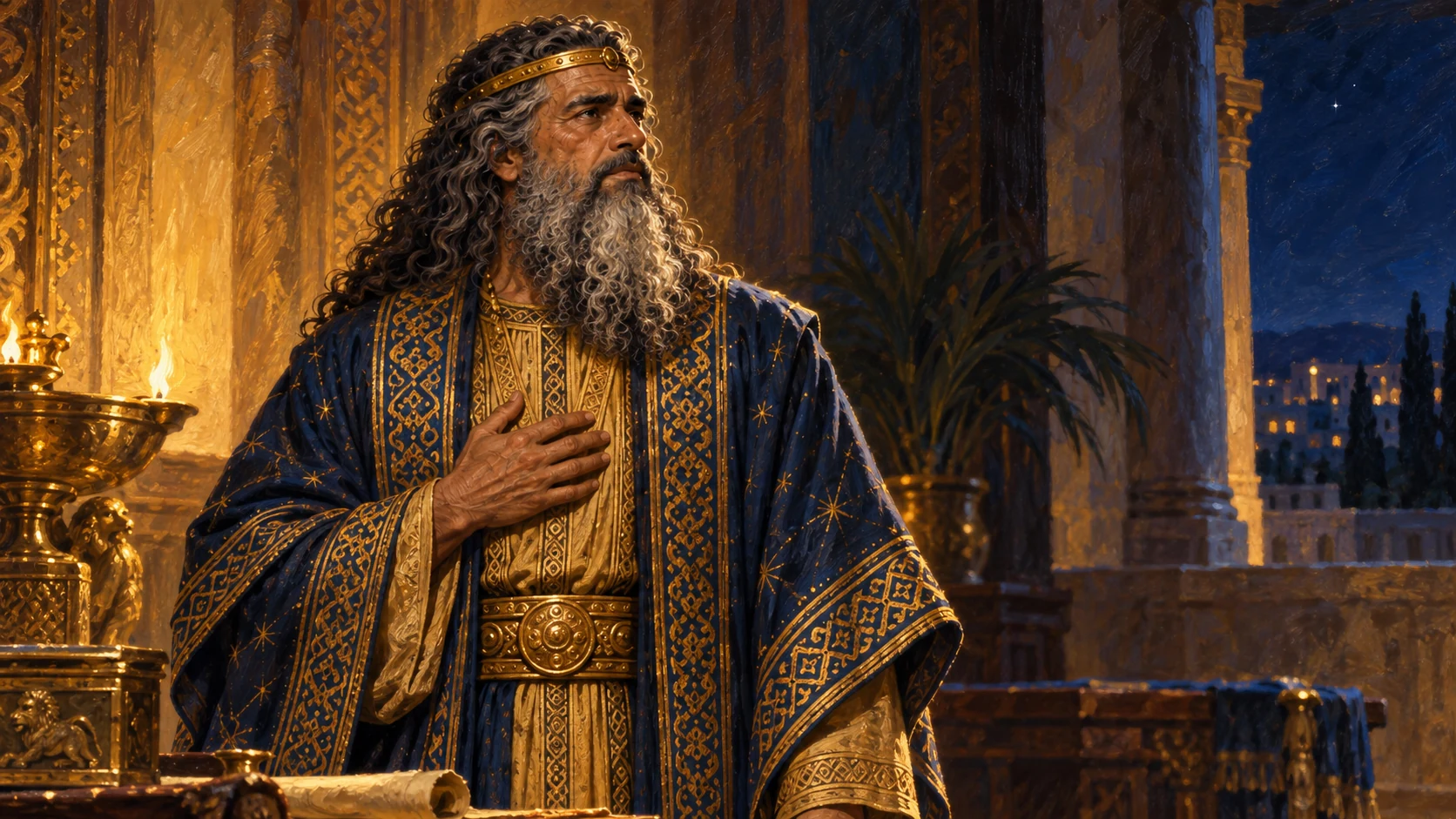 Solomon listening solemnly, established era; promise remains text.