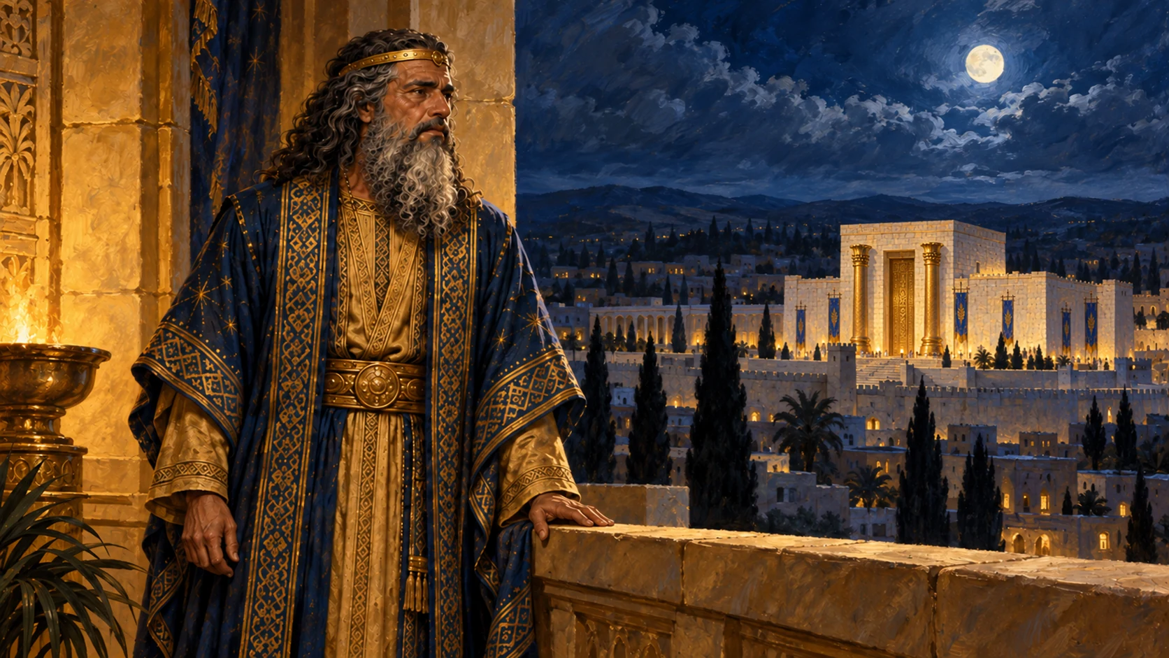 Solomon troubled under solemn light; destruction is warning, not an event to depict as occurring now.