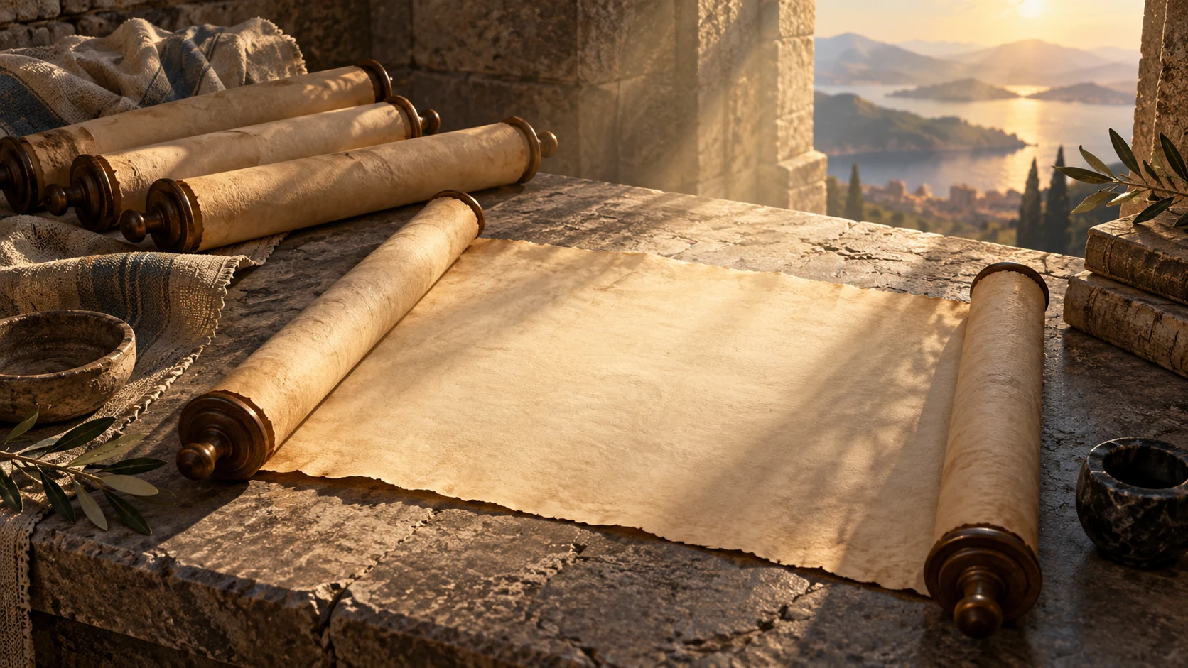 Completely blank open and rolled parchments rest on a sunlit stone desk.