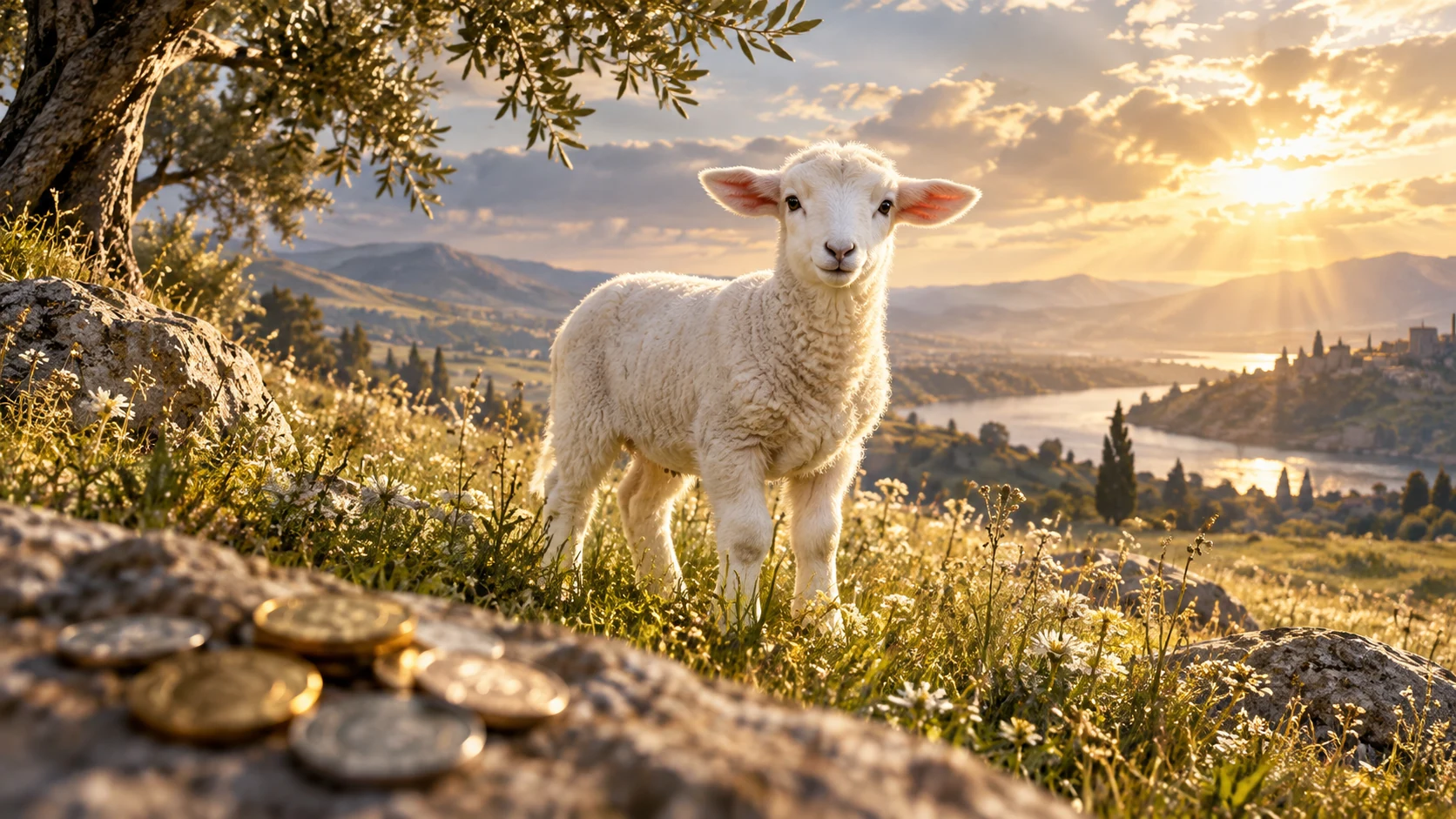 A white lamb stands in a meadow beyond blurred silver and gold pieces.
