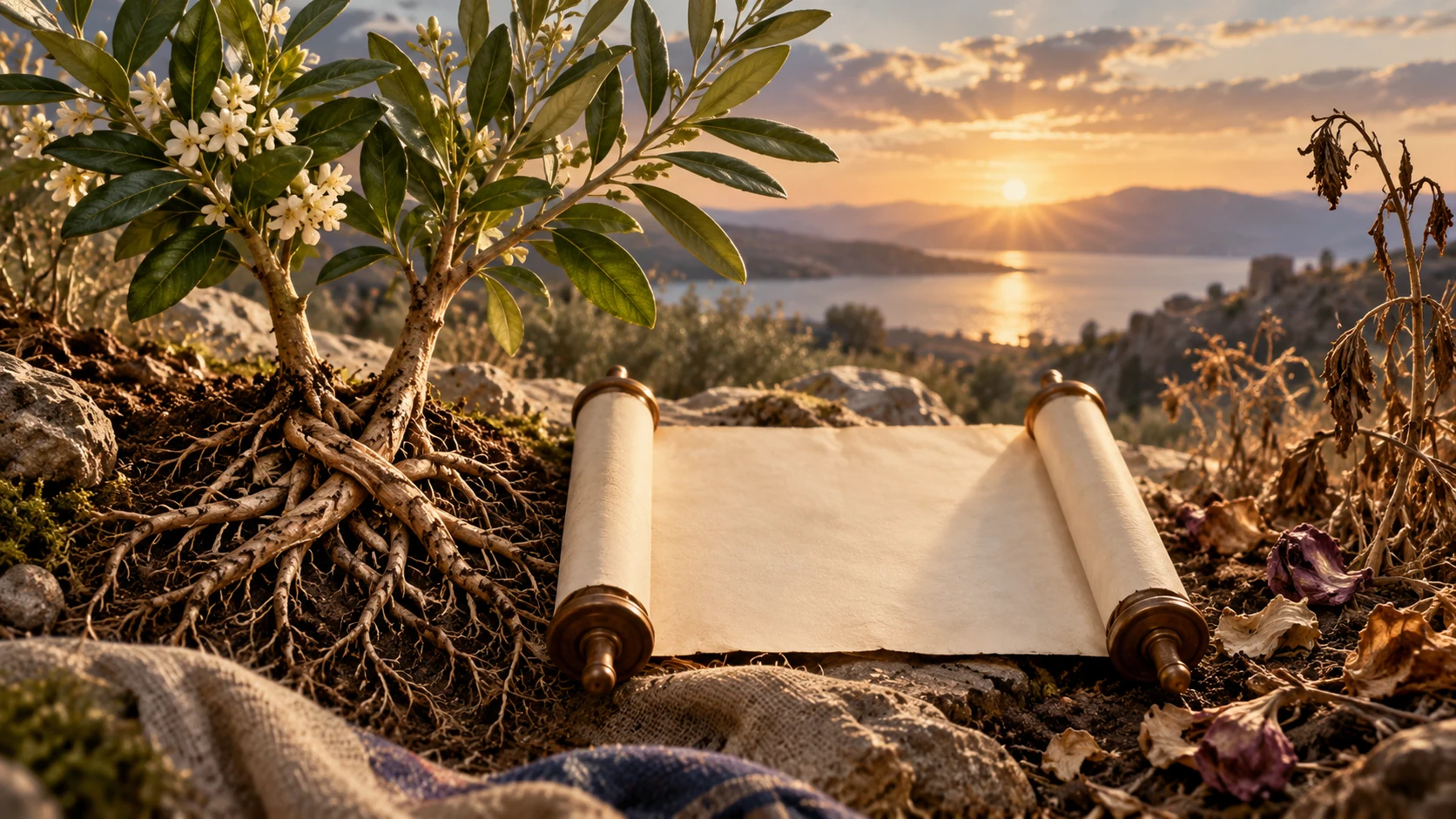 Neighboring plants with interwoven roots stand beside blank parchment and withered flowers.