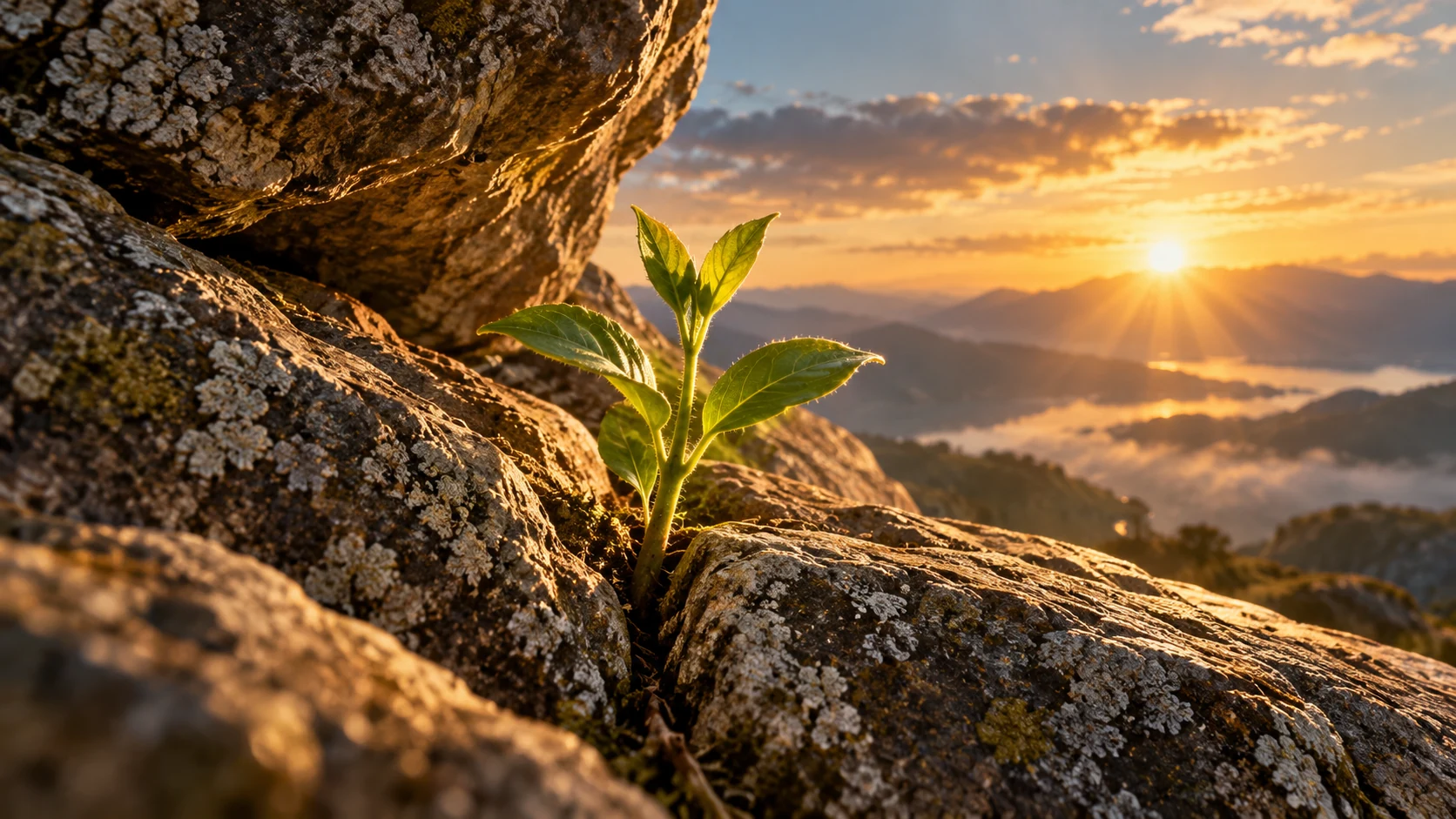 A vigorous green shoot grows in a sheltered rock cleft under dawn light.