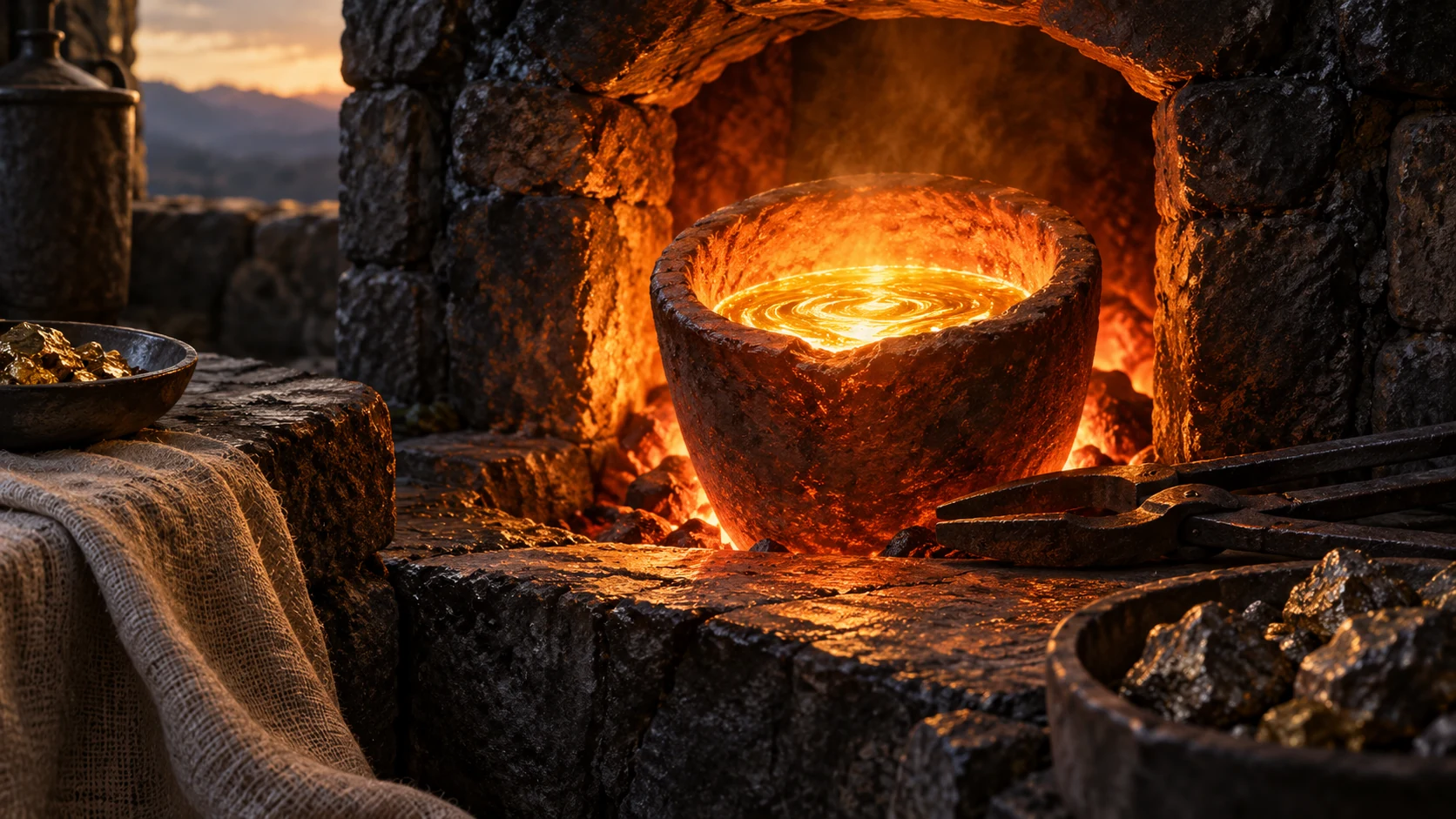 Molten gold glows in a clay crucible inside a soot-dark furnace.