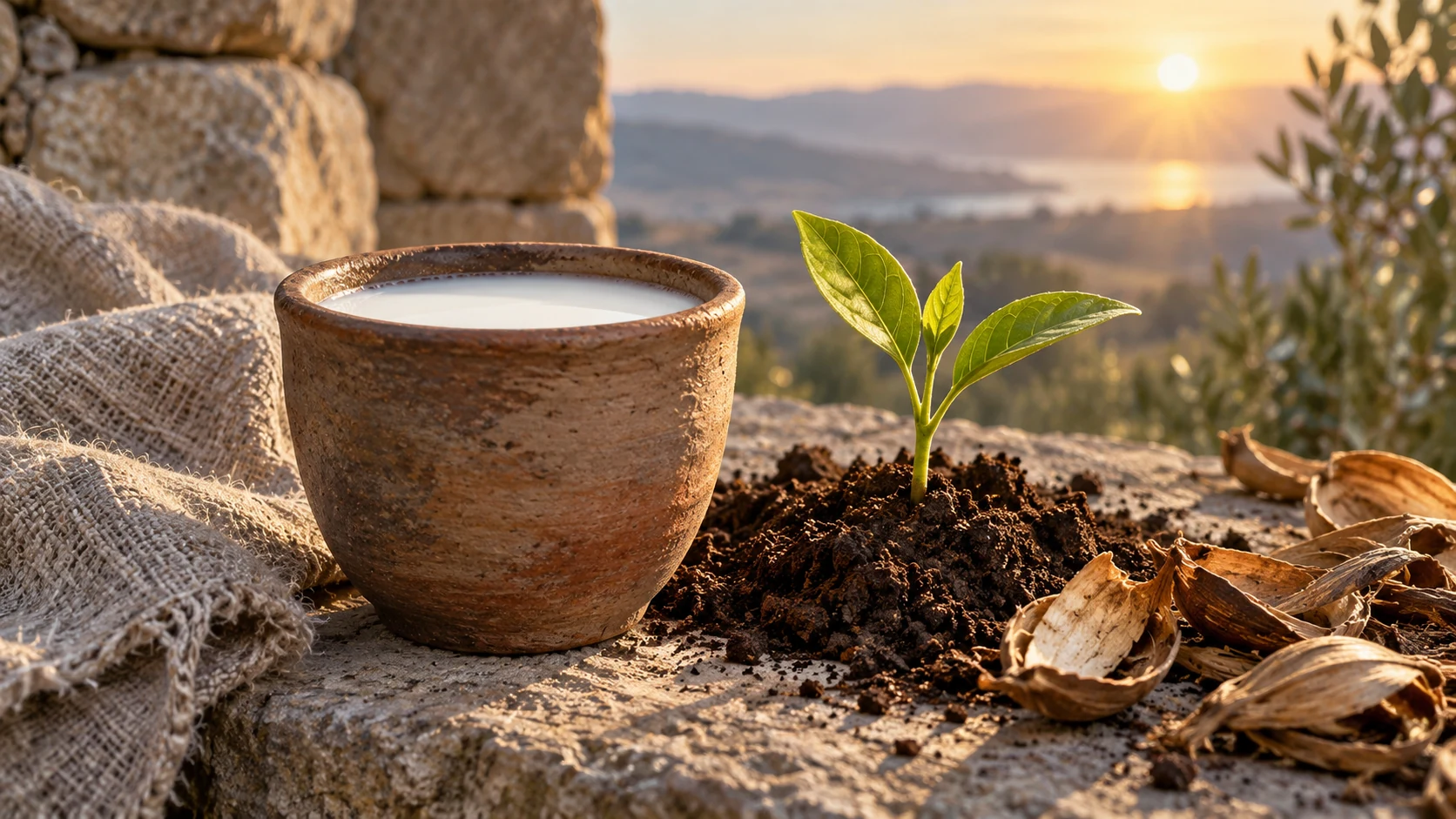 A clay cup of milk stands beside a seedling and discarded dry husks.
