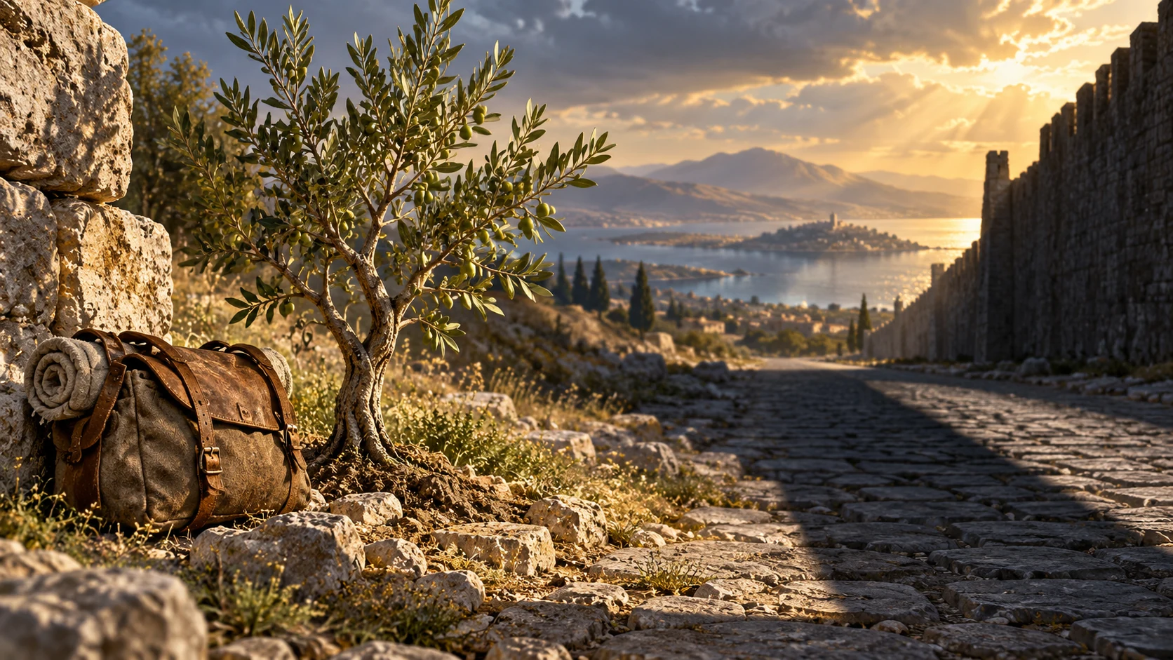 An olive sapling and travel satchel stand beside a road crossed by shadow.