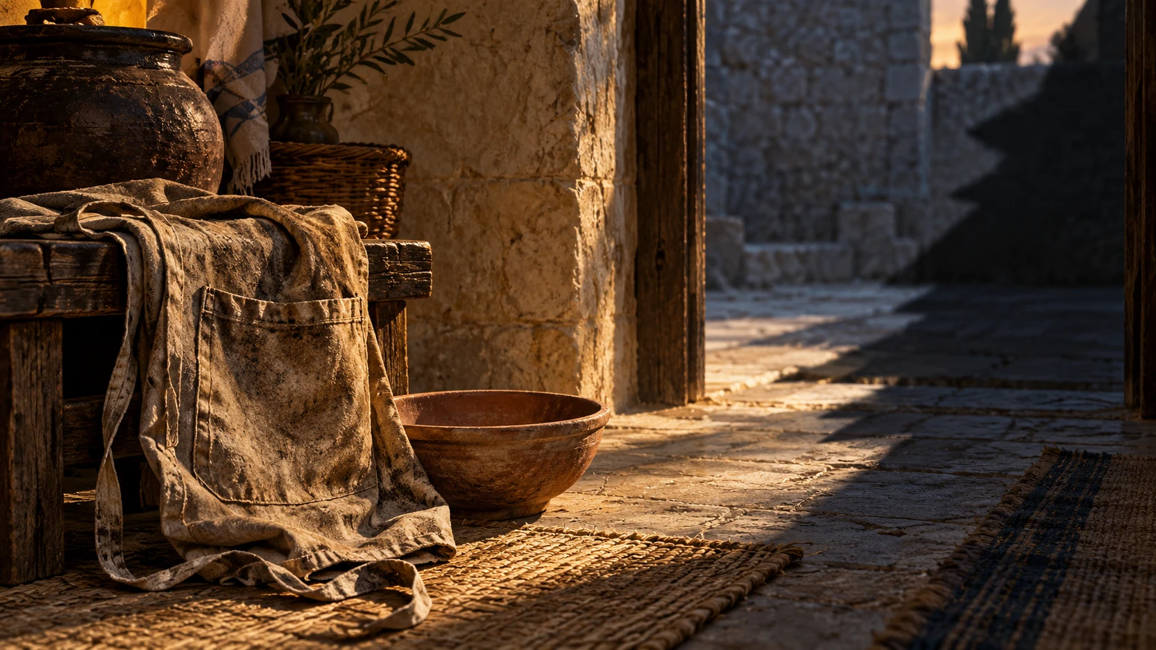 A worn apron and empty clay bowl rest inside a household doorway crossed by shadow.
