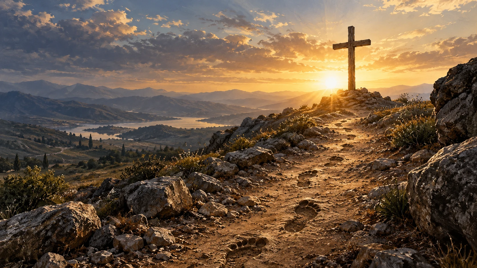 Footprints lead through stony ground toward a distant empty wooden cross.