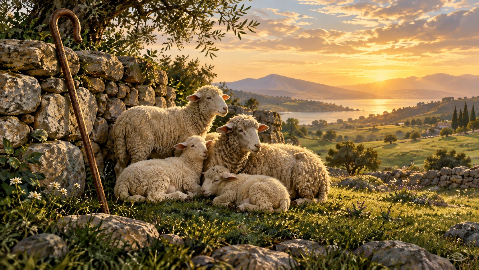 A small flock rests beside a stone wall and a shepherd staff.
