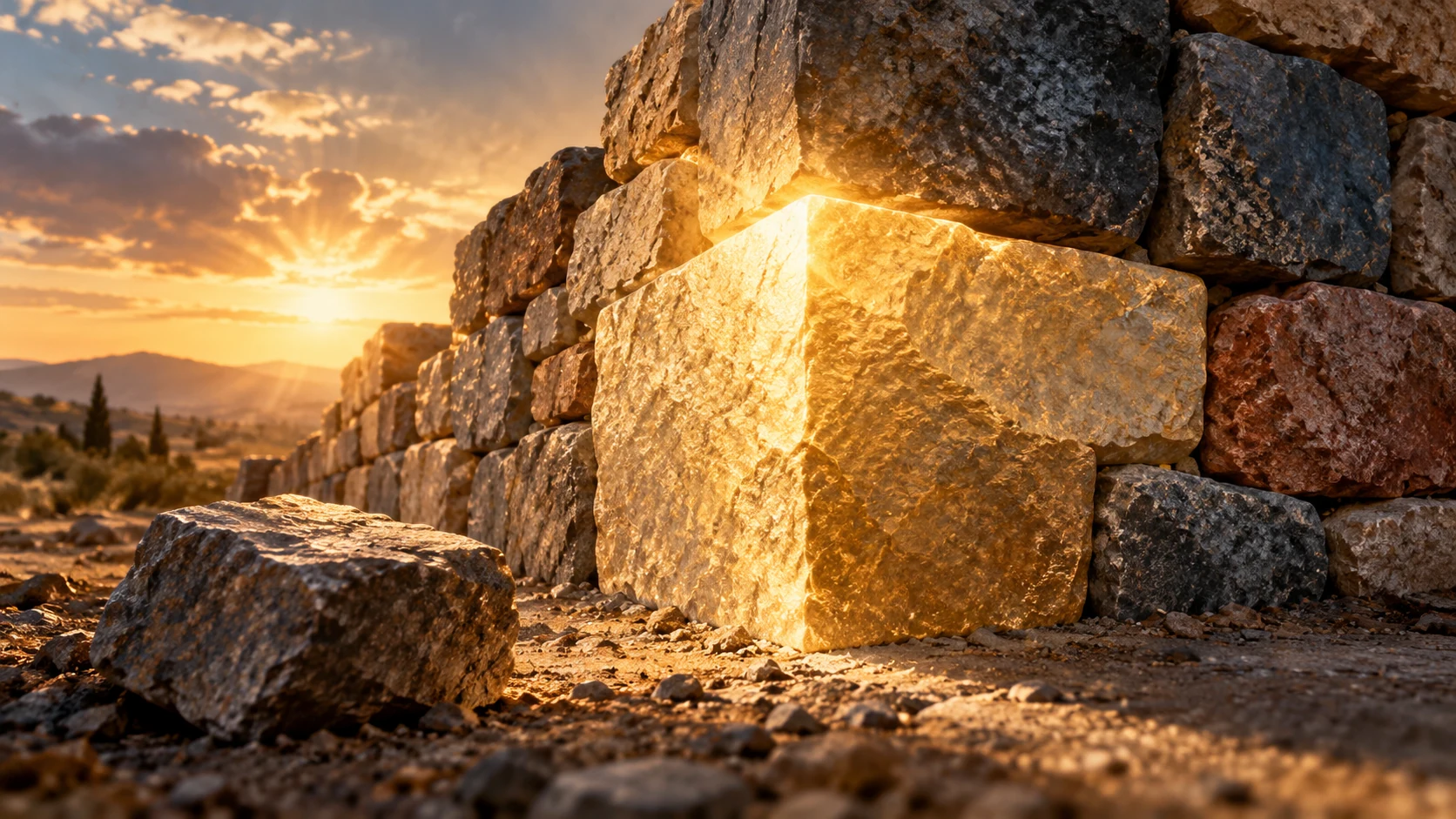 A bright cornerstone joins rough stones while a displaced stone lies nearby.
