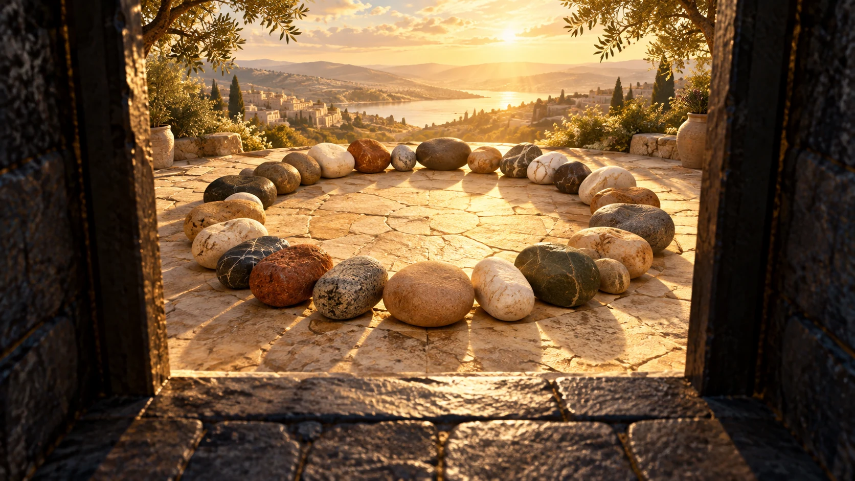 Varied stones form a circle in sunlight beyond a shadowed threshold.