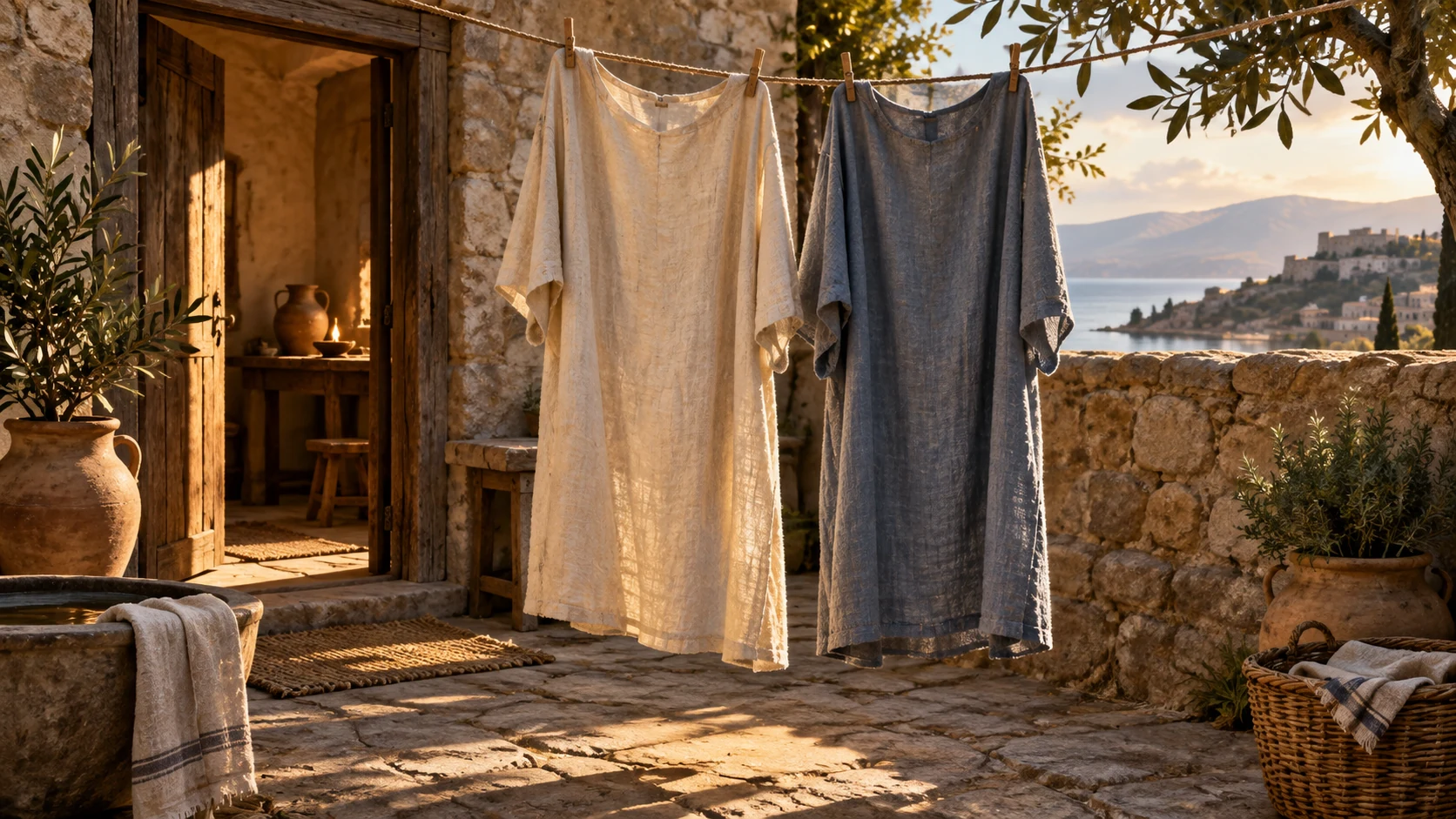 Two simple linen garments hang together in an empty household courtyard.