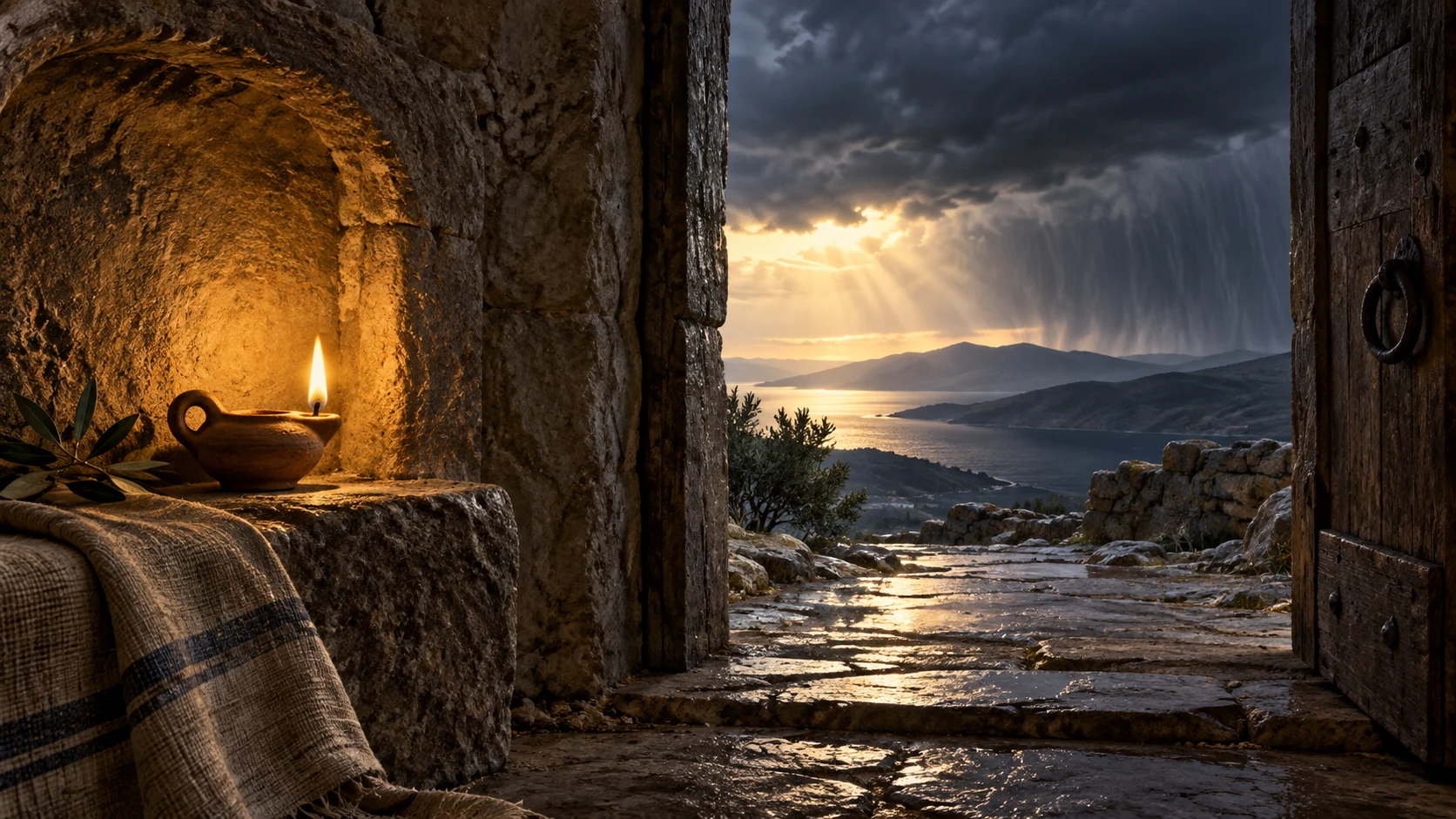 A steady lamp burns in a sheltered niche facing a storm-darkened opening.