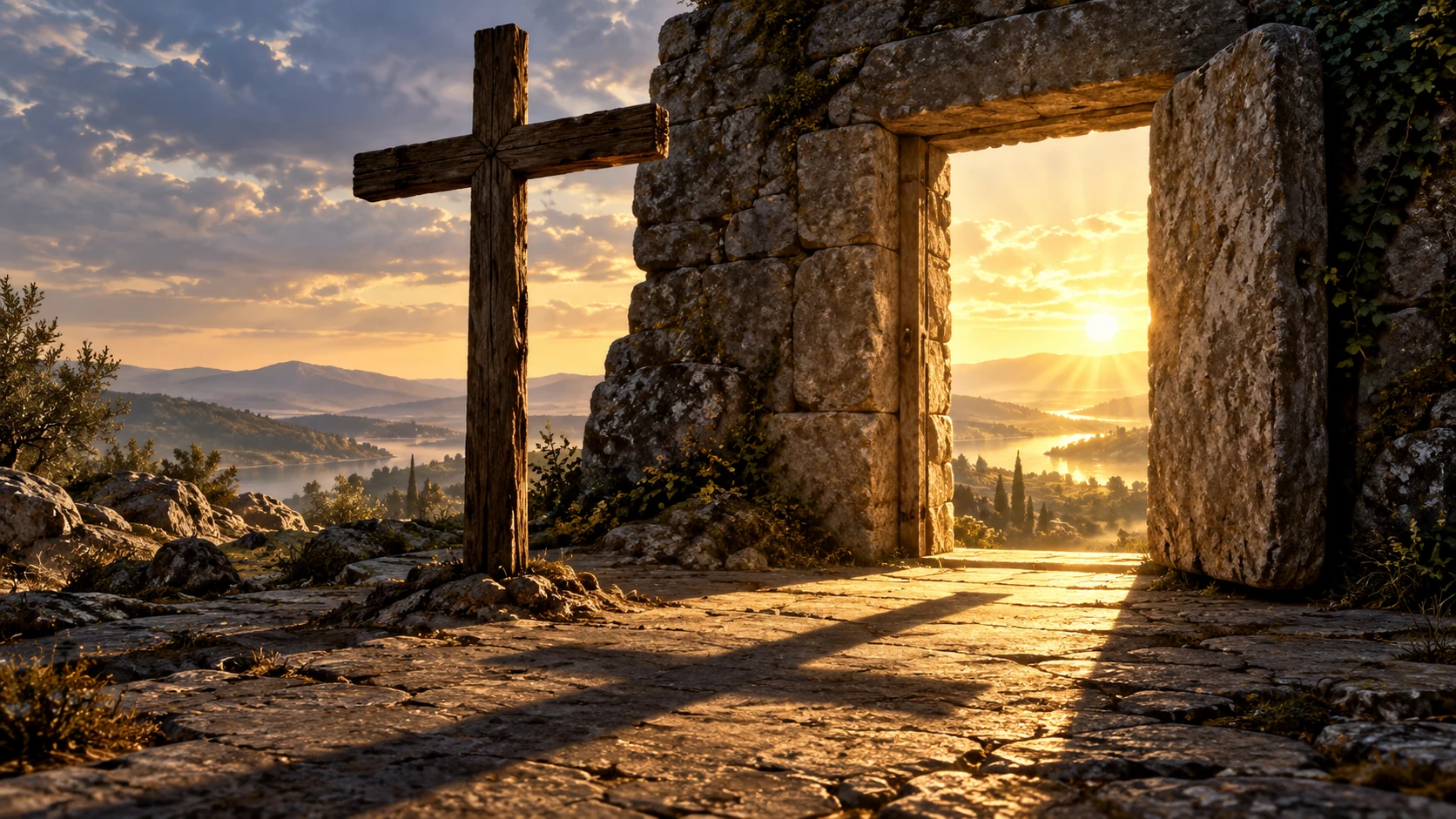 An empty wooden cross stands beside a threshold opening toward dawn.