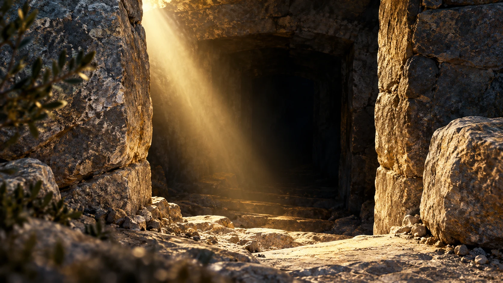 A shaft of light reaches into an unoccupied dark stone opening.