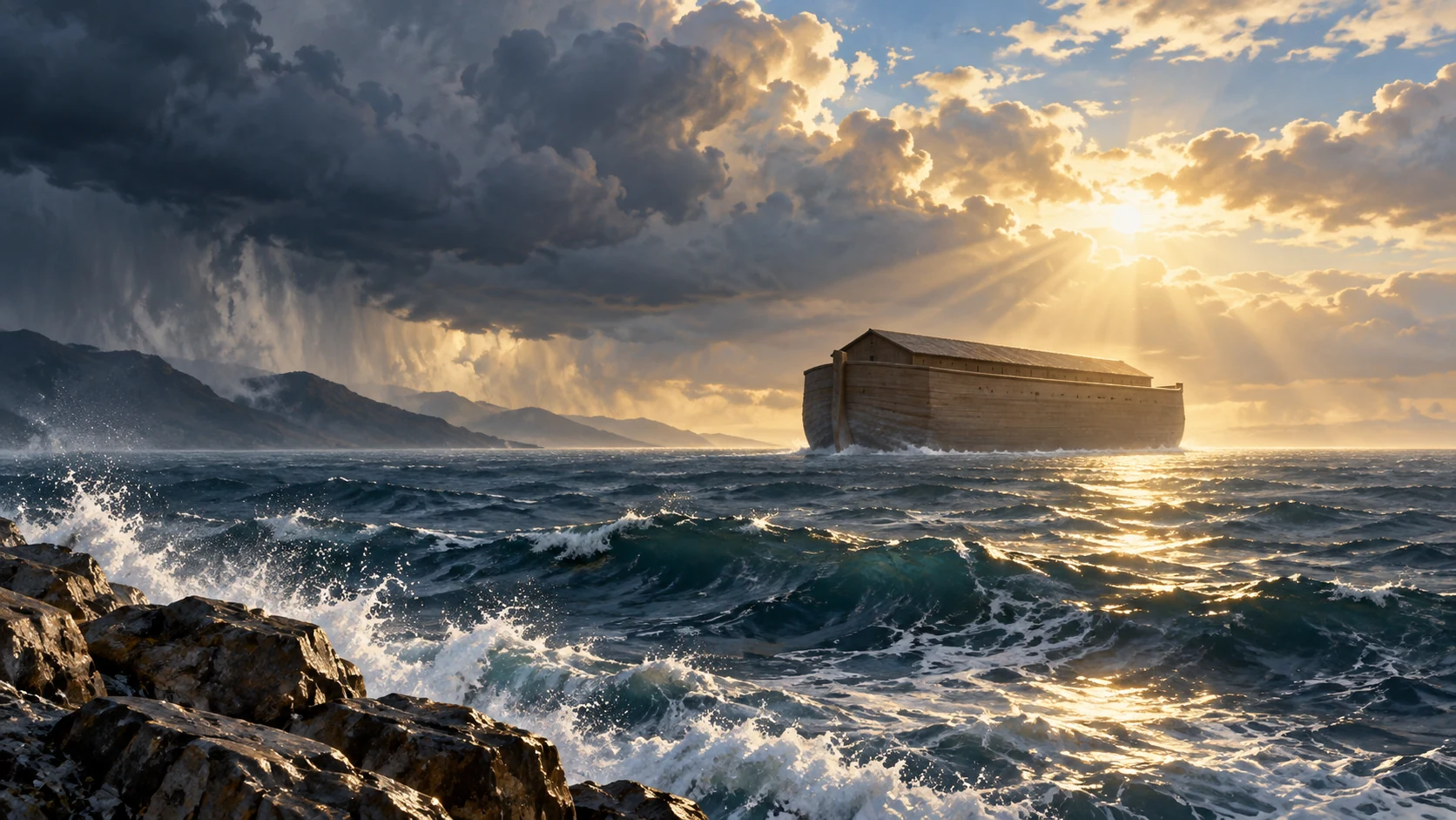 A plain wooden ark floats on deep water beneath a clearing sky.
