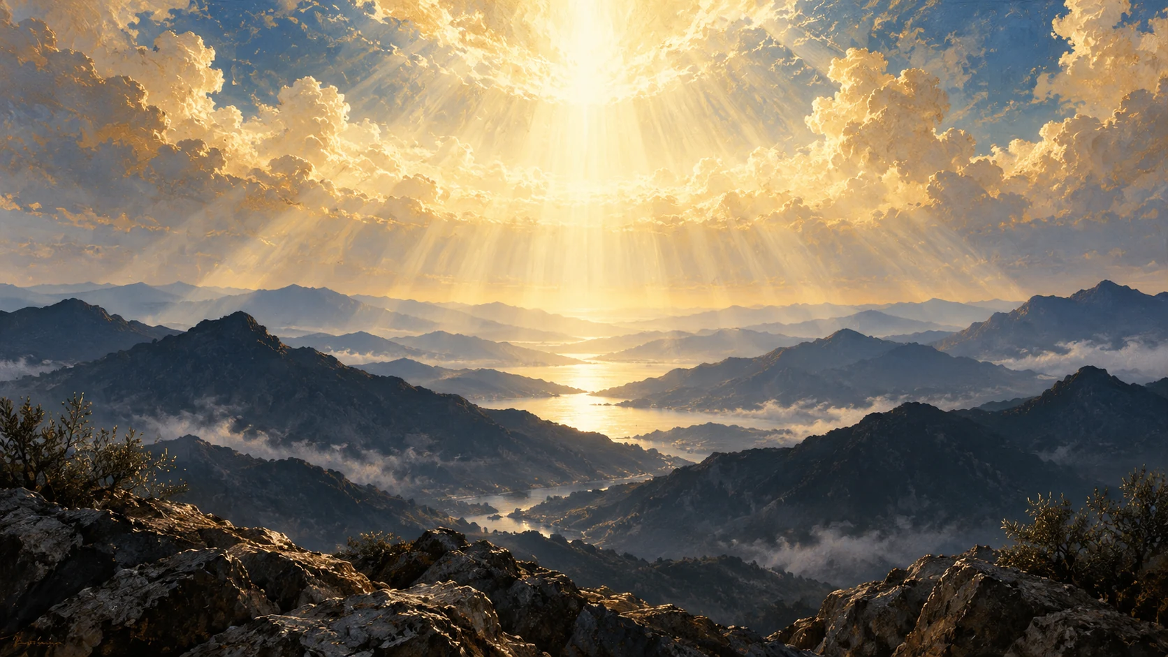 A luminous sky opens above receding layers of dark mountains.
