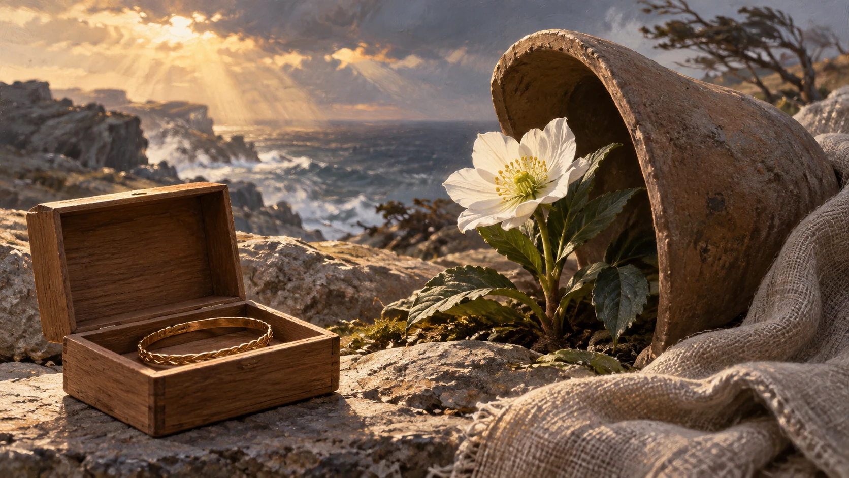 A bracelet rests in an open wooden box beside a flower sheltered by a clay vessel.