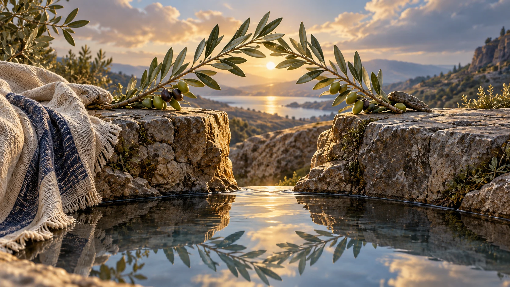Two olive branches meet above a stone gap and a still reflecting pool.