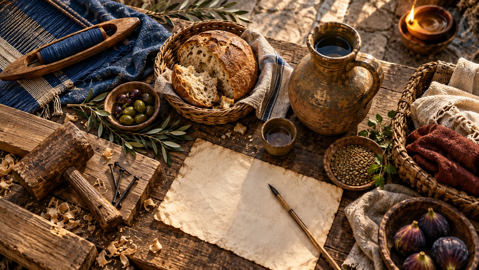 A loom shuttle, blank parchment, pen, bread basket and jug share a work surface.