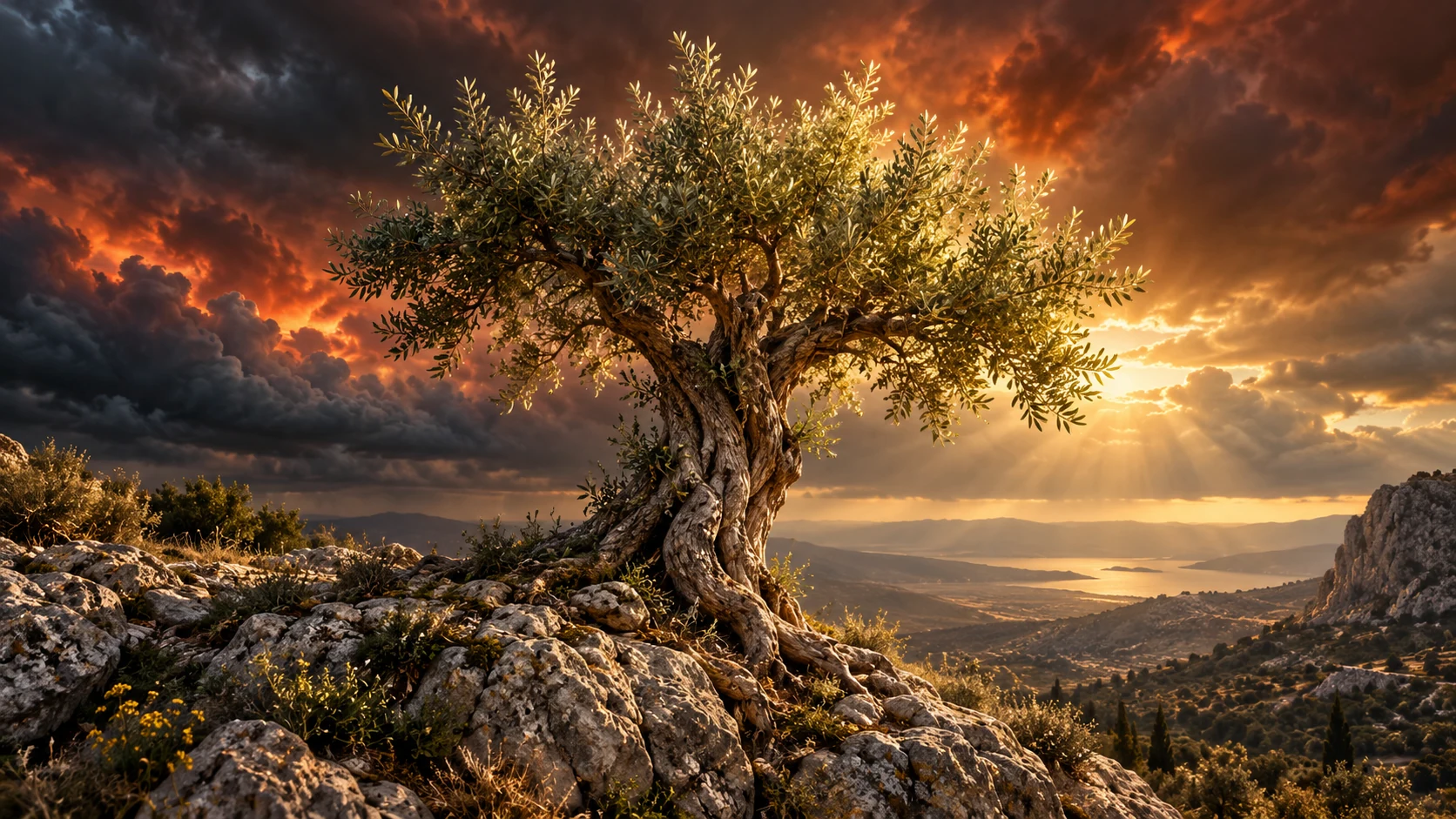 An olive tree remains rooted in rock beneath a copper-red storm sky.