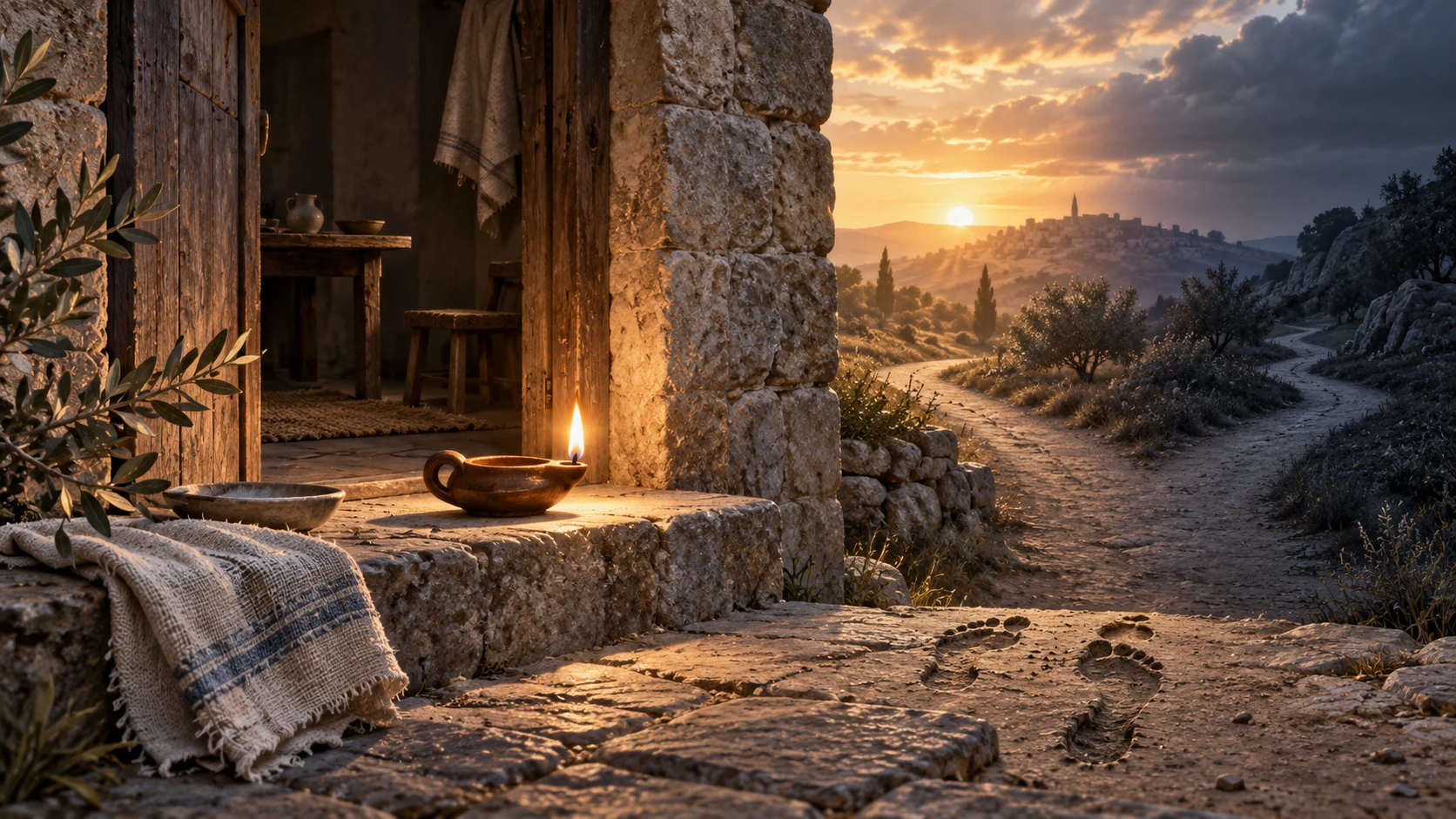 A household entrance and lamp face clear light beside a forked path and footprints.