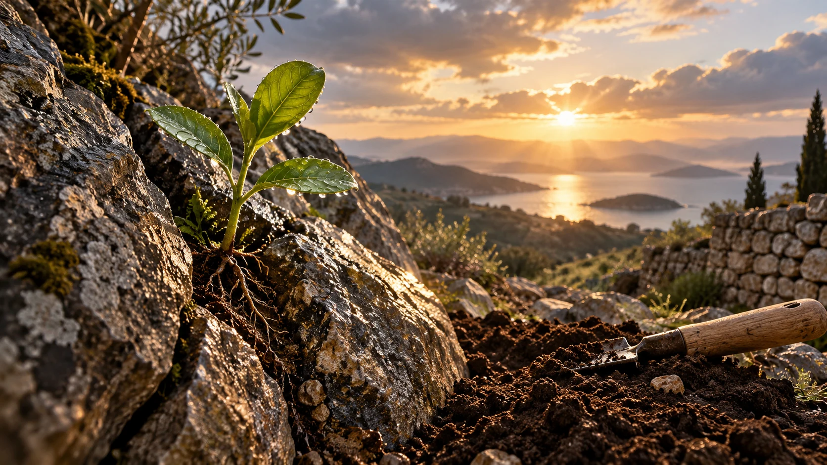 A rain-wet seedling roots in a rock crevice beside tended soil and a small tool.