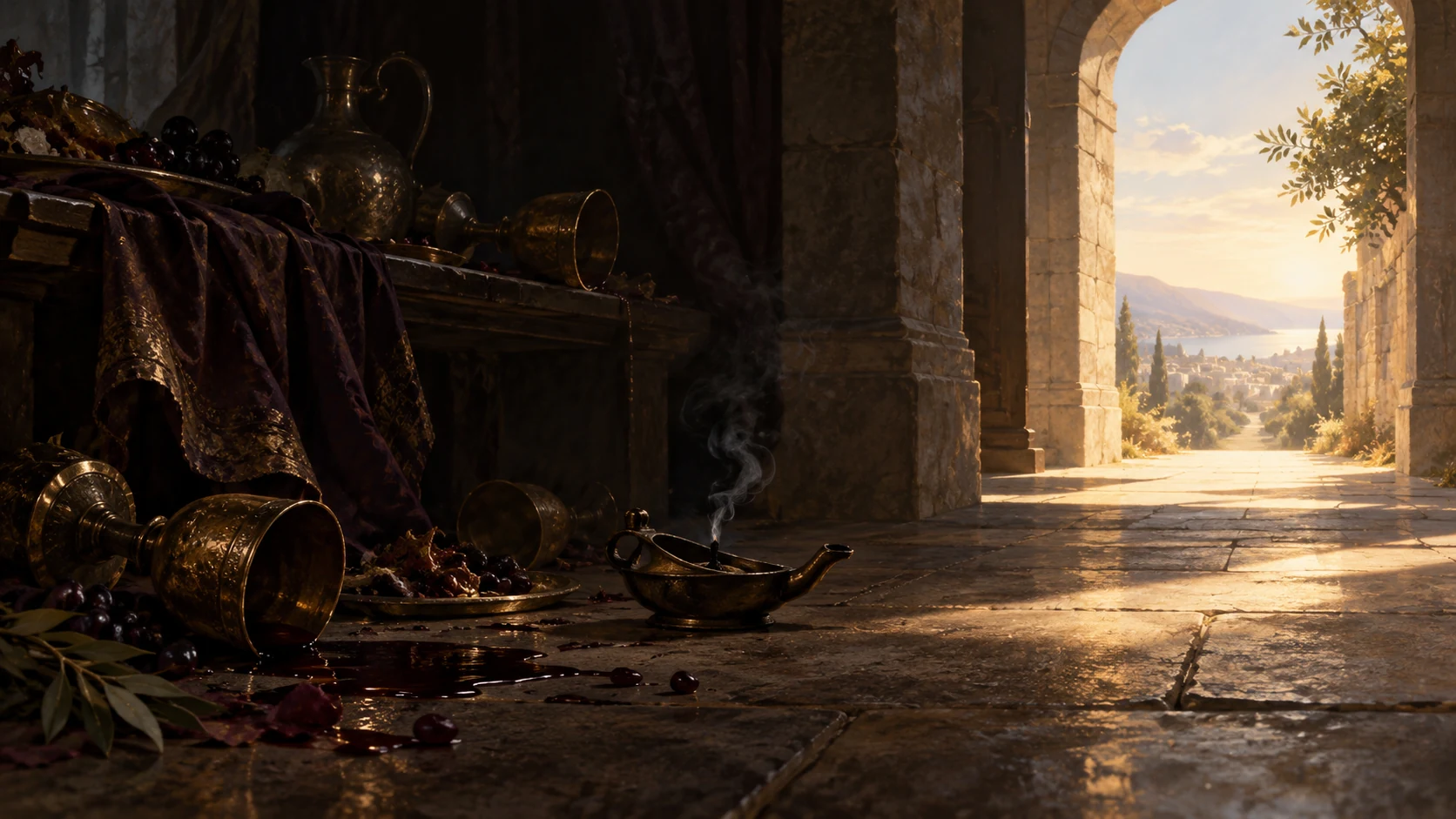 Overturned cups and an extinguished lamp recede into shadow beside a light-filled passage.