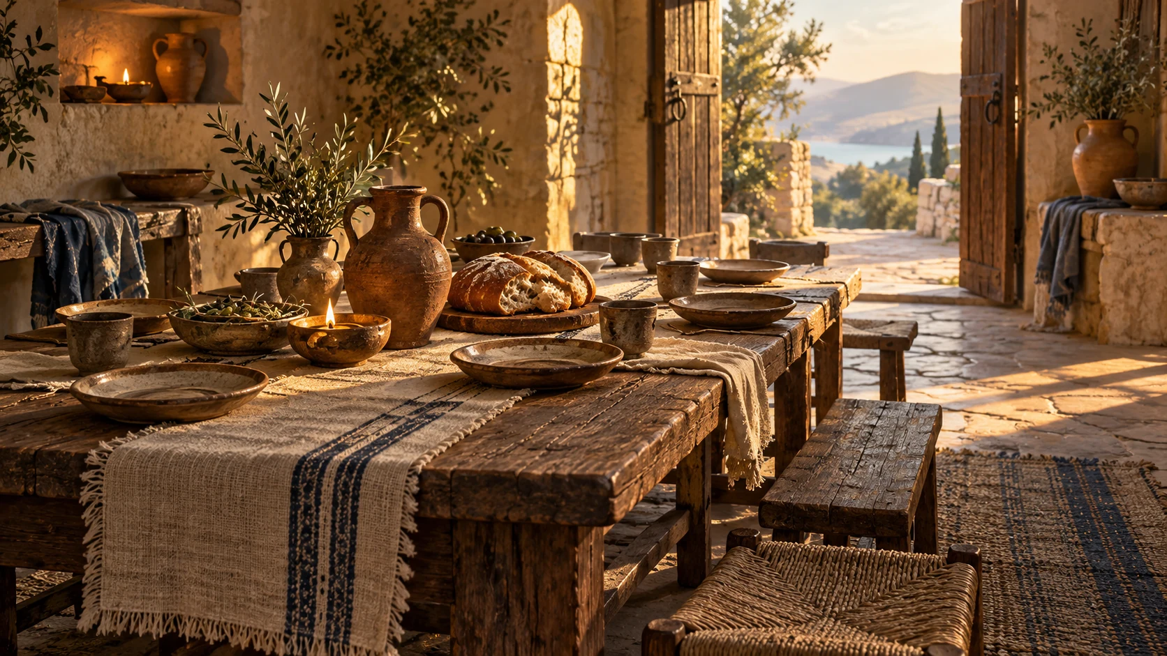 Bread, water and simple places wait at an unoccupied table beside an open doorway.