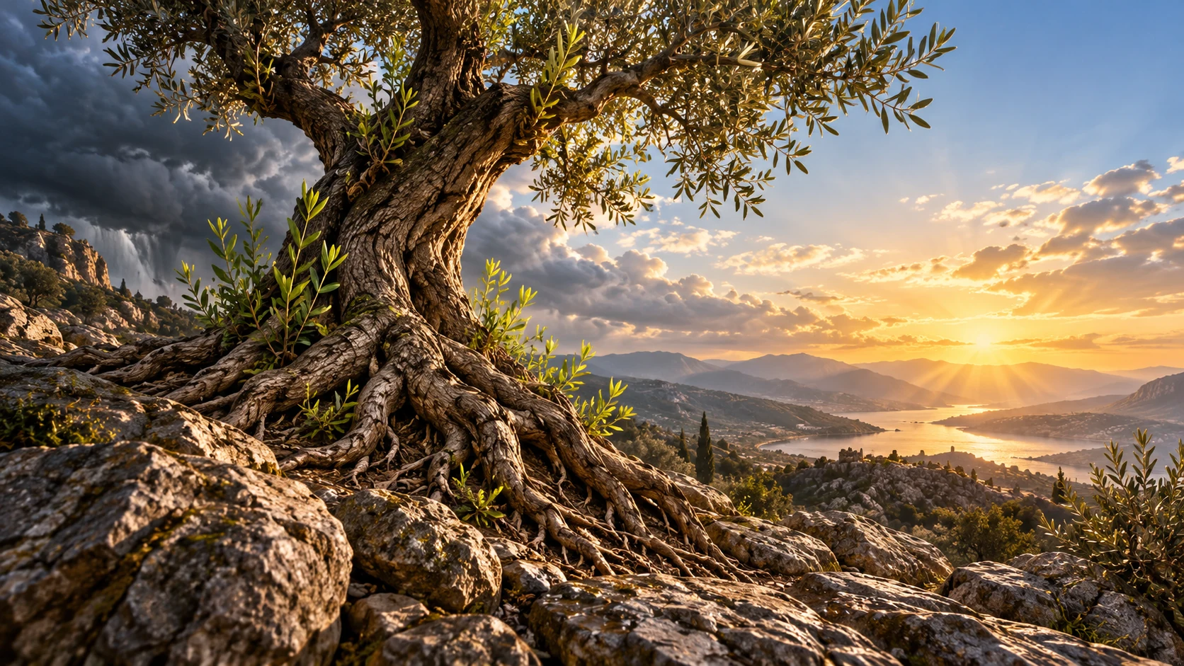 Fresh olive shoots and strong roots grip bedrock beneath a clearing storm.
