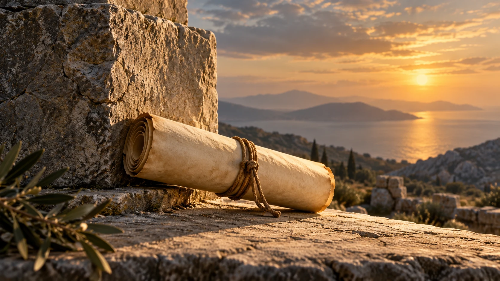 A blank rolled letter tied with cord rests against a foundational stone.