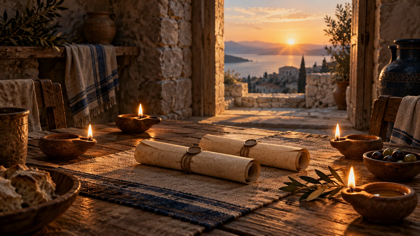 Small lamps and two unmarked rolled letters gather on a quiet shared table at dawn.