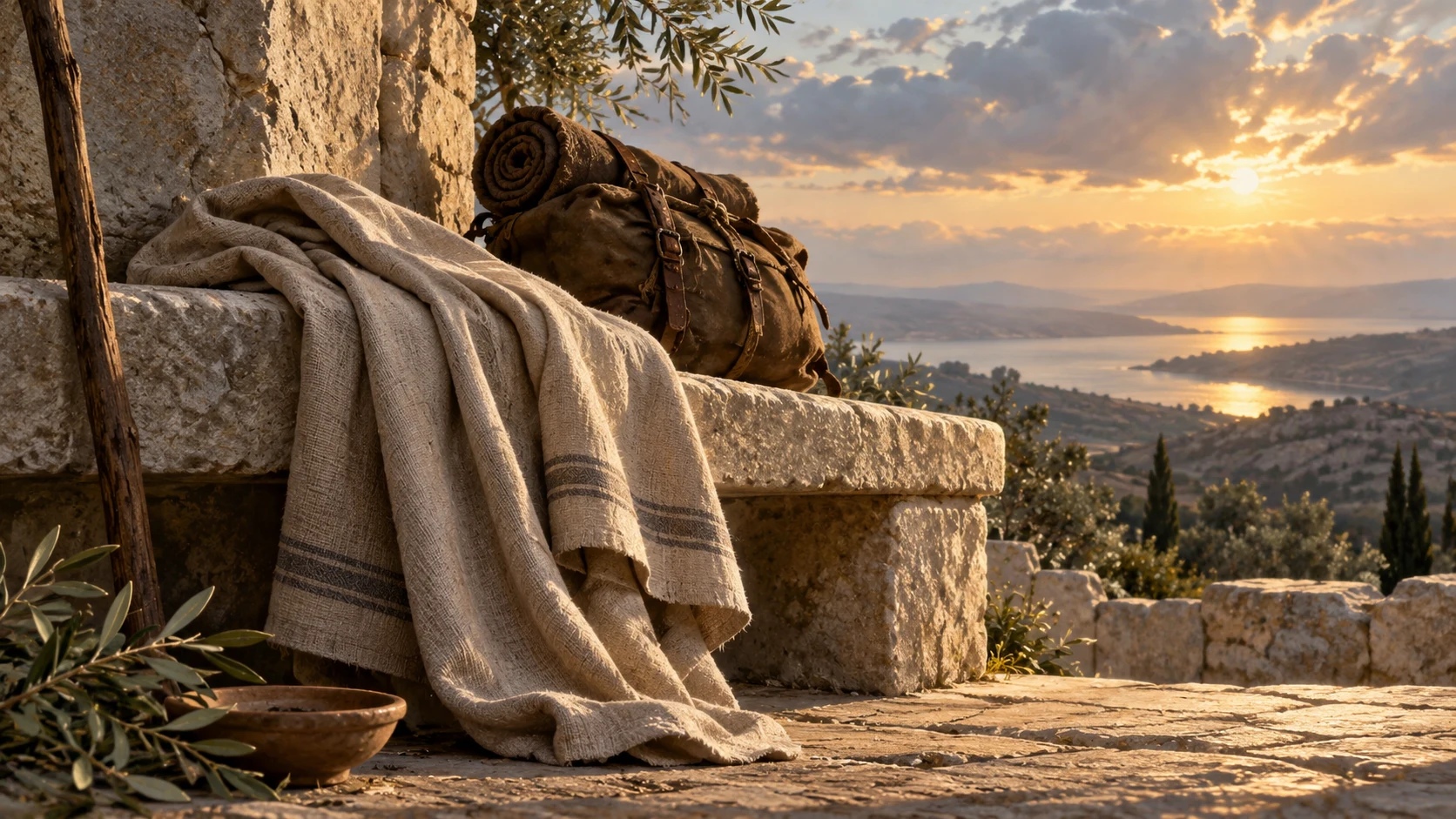 A plain cloak and heavy travel bundle rest low on a stone bench.