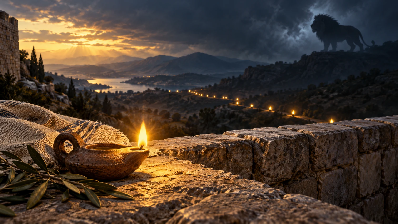 A distant shadowed lion stands beyond a stone boundary; steady lamps cross the foreground landscape.