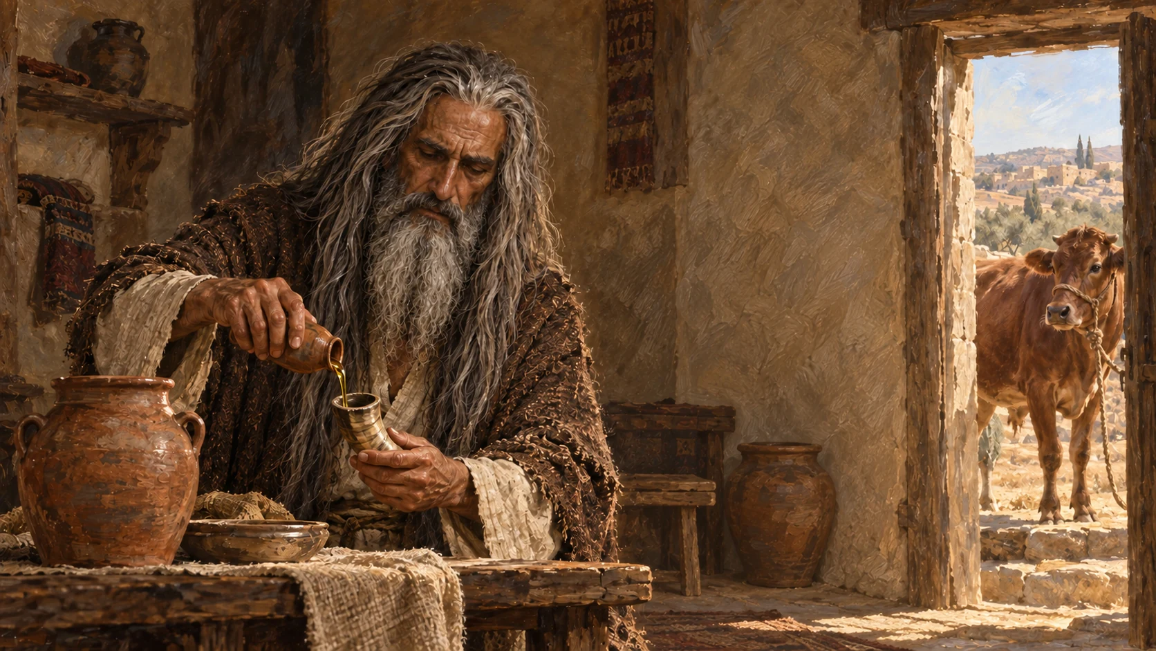 Samuel, still grieving Saul, fills a small ram horn with olive oil beside a clay jar in a humble room. Through the doorway a heifer waits with a rope halter for the journey to Bethlehem. Quiet resolve replaces grief.