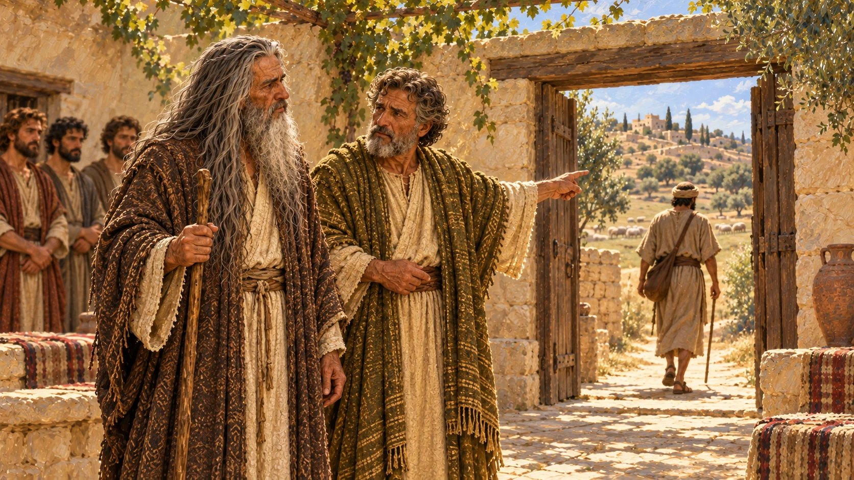 Samuel questions Jesse in the courtyard; Jesse points toward distant grazing hills while a household messenger leaves to fetch David. Brothers wait instead of sitting for the meal.