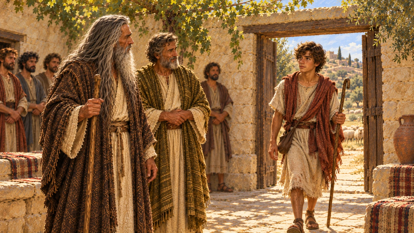 Young shepherd David enters the courtyard dusty from the fields, cream tunic and rust mantle, chestnut curls, freckles, brown eyes. Samuel turns toward him with recognition; Jesse looks on.