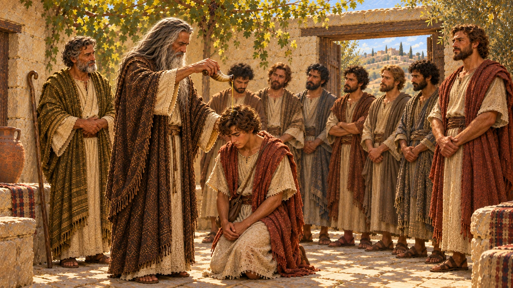 Samuel tips a small horn of oil over young David bowed respectfully before him amid his seven brothers. Jesse watches from behind. Modest domestic courtyard, warm natural light, no crown or magical glow.