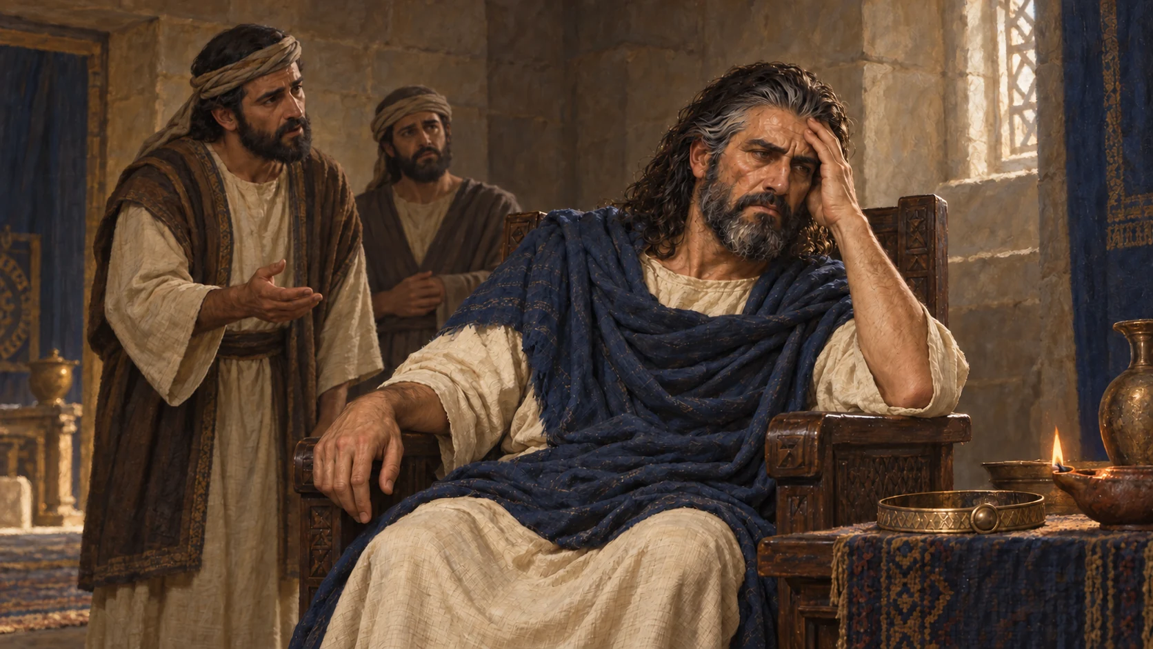 Saul sits distressed in a dim stone chamber, one hand near his brow. Concerned servants quietly propose finding a lyre player. Troubled-era Saul, graying temples and full rounded beard, blue mantle over linen. No literal demon.
