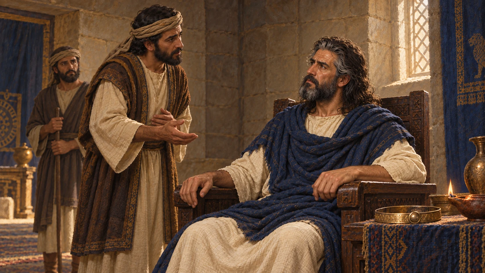 Saul listens from his seat as one young attendant respectfully recommends David. A second servant waits to carry the summons. Same chamber; Saul weary but attentive. David not present.