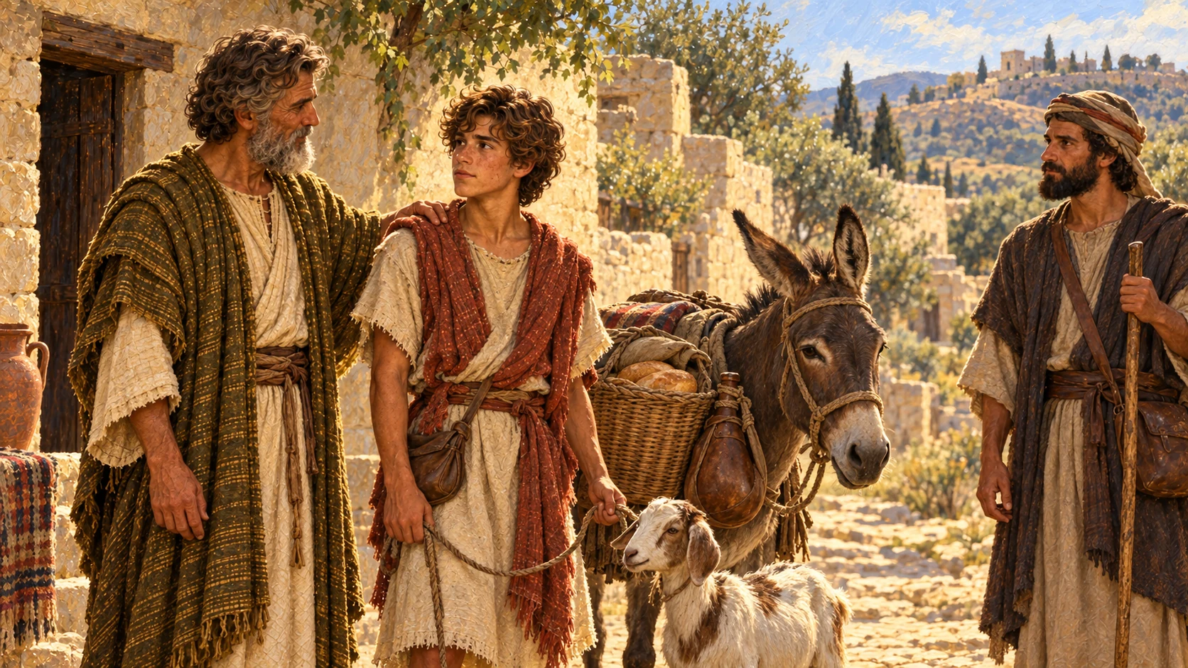 Jesse bids David farewell beside a donkey loaded with bread and a wineskin; David leads a young goat as he sets off toward Saul with a messenger. Bethlehem farm courtyard.
