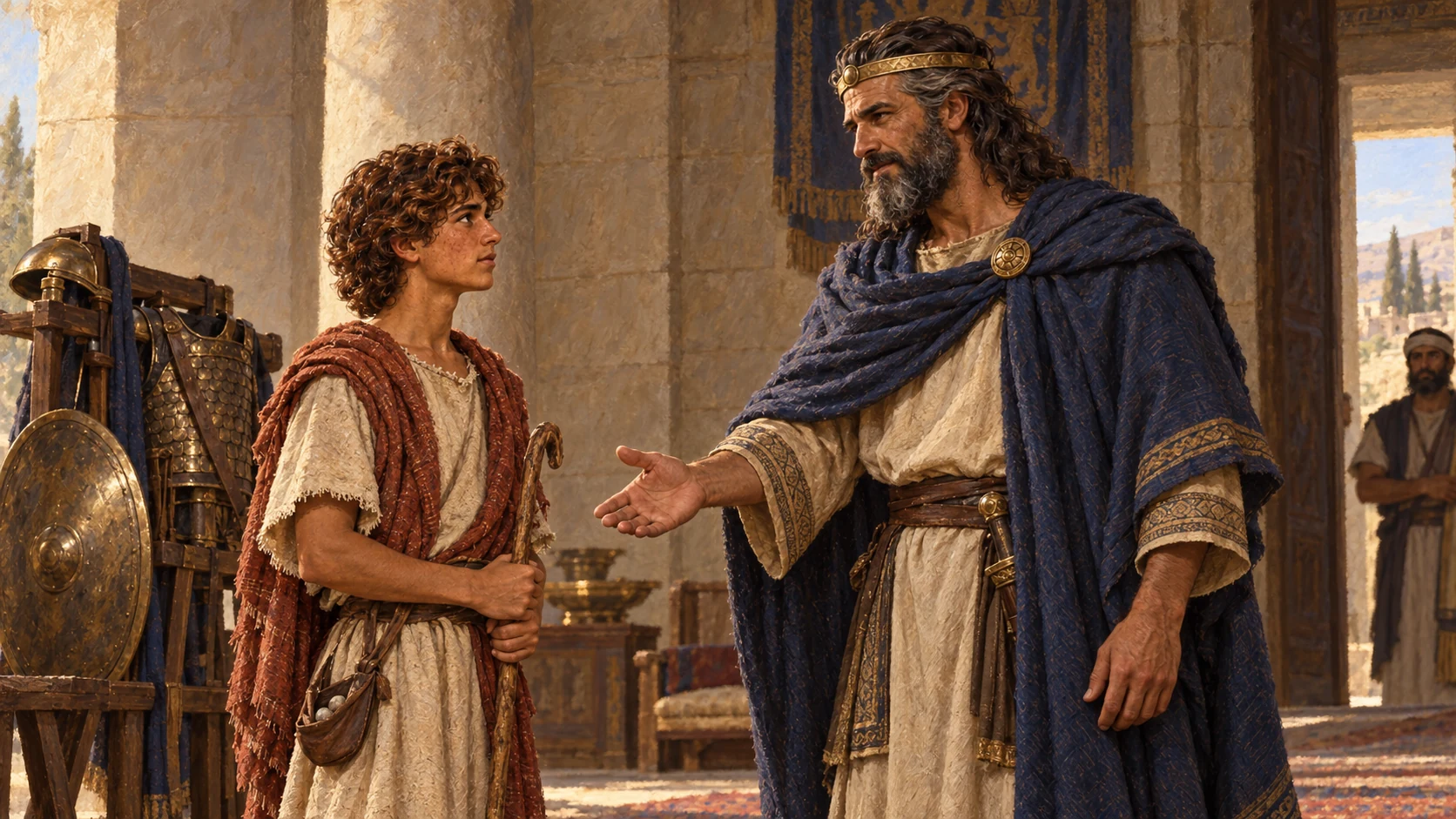 David stands respectfully before Saul in a simple royal hall. Saul receives him warmly; a shield and bronze armor on a wooden stand suggest his service as armor-bearer. No crown on David.