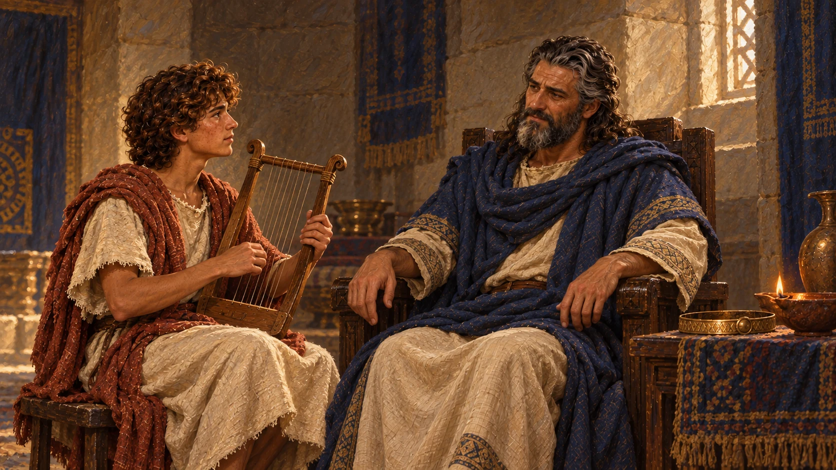 David sits playing a small ancient wooden lyre in Sauls chamber. Saul sits nearby with relaxed hands and softened face as distress eases. Warm lamplight, intimate humane scene, no supernatural entity.