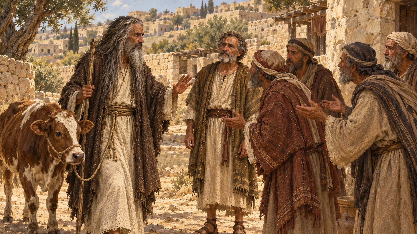 Samuel arrives leading a heifer at Bethlehem. Anxious elders approach him; he reassures them with an open hand. Jesse in muted olive-brown mantle stands among them. Ancient village limestone walls and terraces.