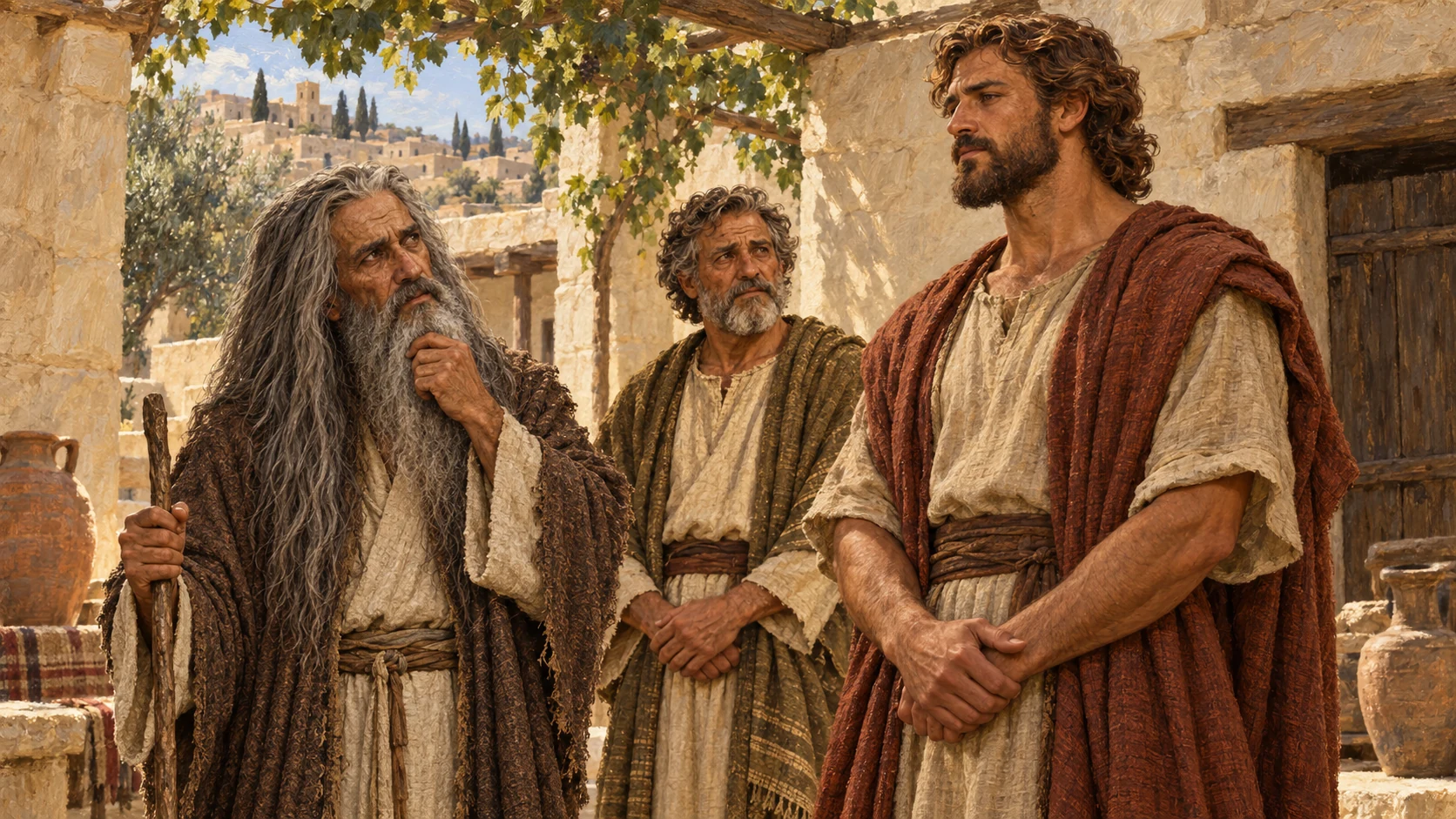 Samuel regards tall impressive Eliab, eldest son of Jesse, in a simple courtyard. Eliab is a strong young adult with chestnut curls and a short beard, cream tunic and muted brown mantle. Jesse watches. Samuel pauses in thought; no visible divine figure.