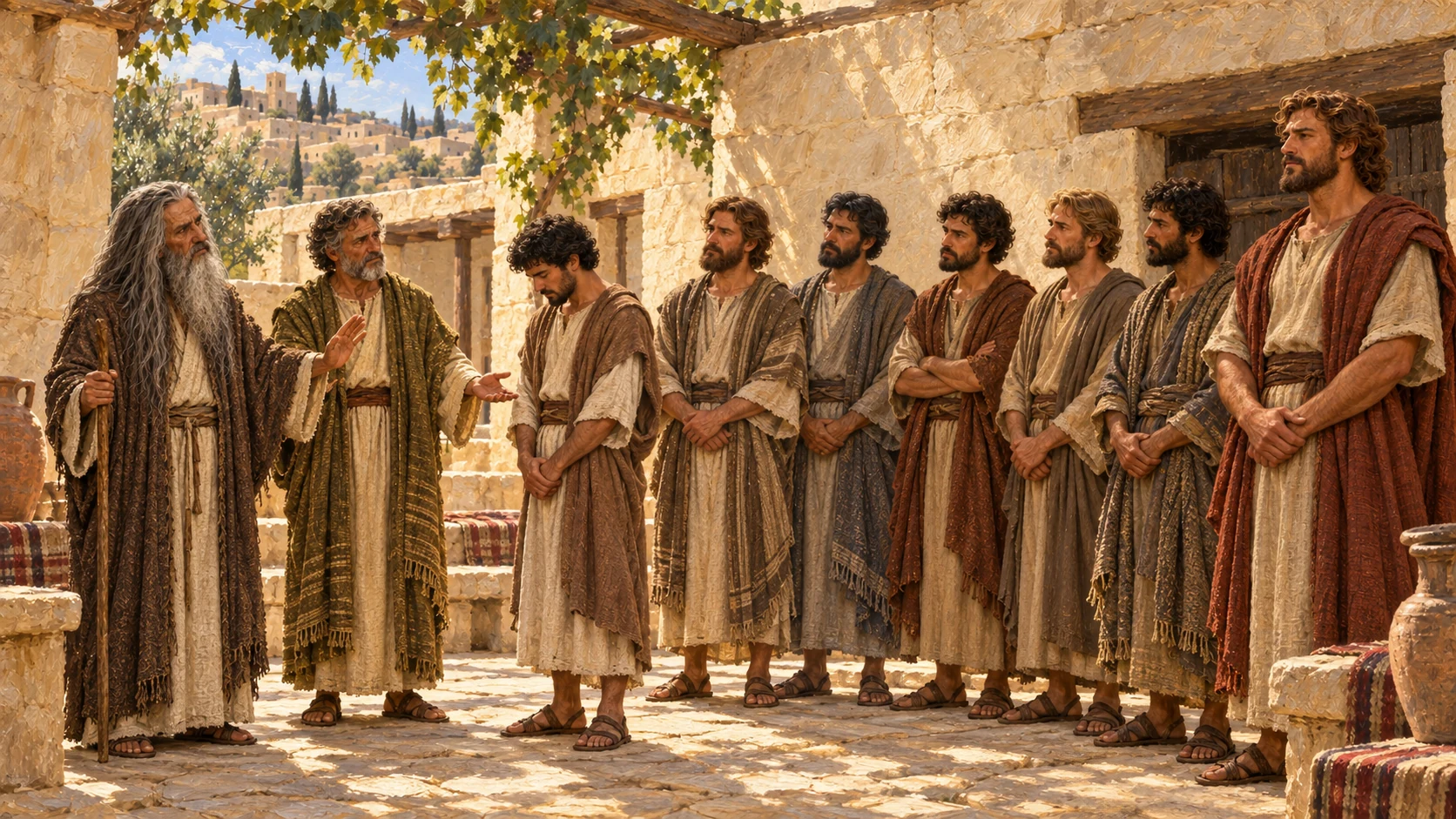 Jesse presents his remaining sons before Samuel, with seven adult brothers total standing in a natural loose group, distinct faces and plain clothing. Samuel quietly declines, Jesse puzzled. No David yet.