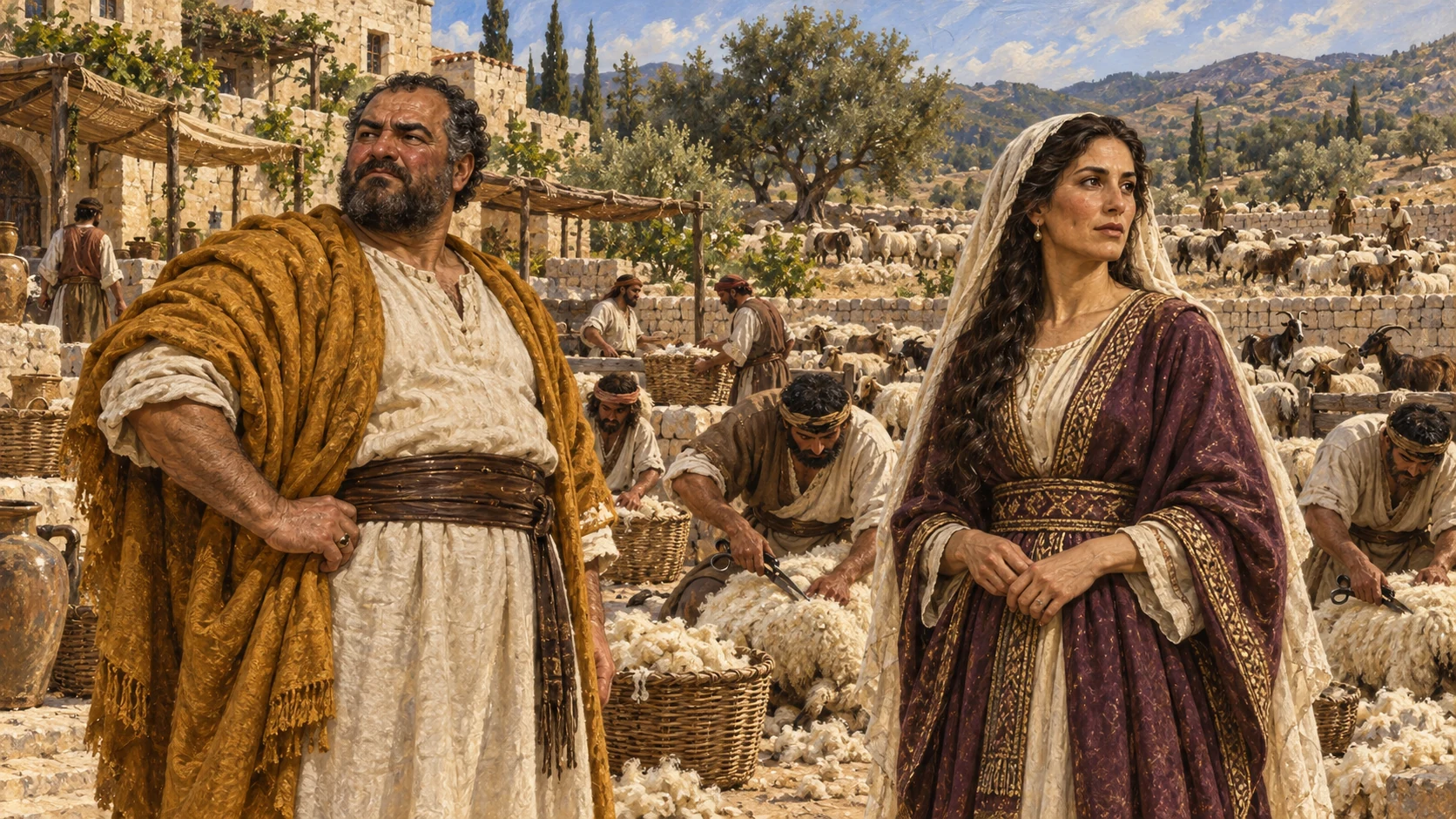 Nabal's wealth and harshness contrast with Abigail's discernment at the Carmel sheep shearing