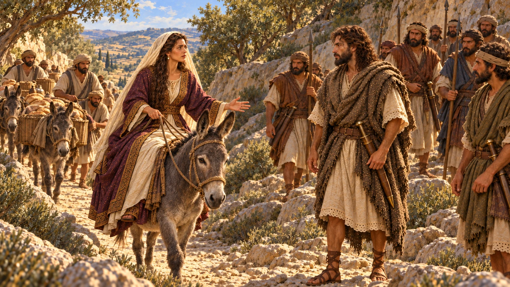 Abigail rides toward David's armed company on the mountain path
