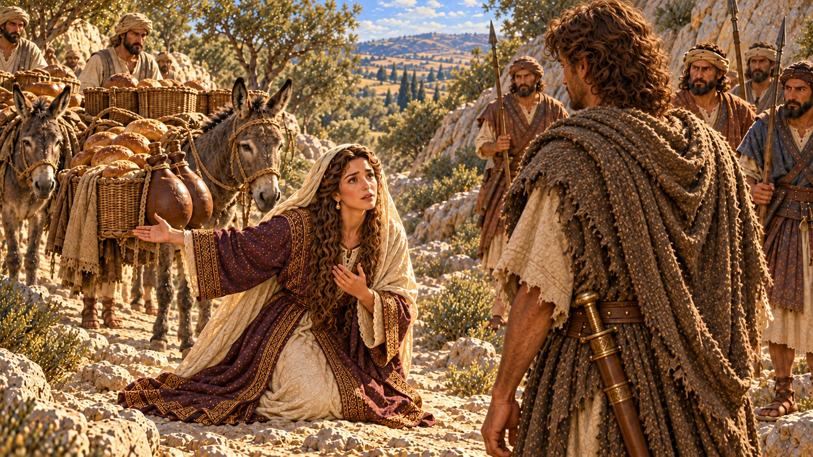 Abigail places provisions before David and pleads that he spare the household